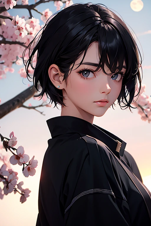 highest quality、Realistic、Night Sky、full moon、moonlight、cherry blossoms、Adult Woman、Japanese、zoom、look up、cute、Grey Eyes、Black Hair、Short Hair、Female ninja、Ninja、Swimsuit、背中にNinja刀、Face close-up、slender