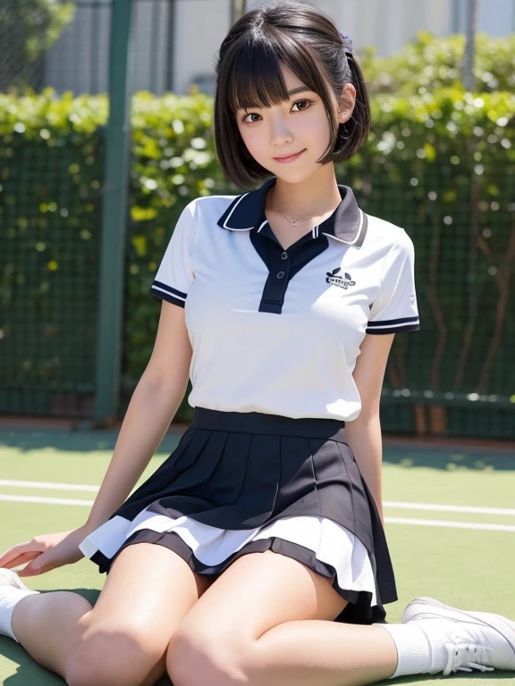((Whole body 1.4))((masterpiece)), ((best quality)), (ultra-detailed), ((kawaii)), cute, (lovely), realistic, real, full body, In town, daytime, a cute girl, 1girl, solo, beautiful black hair, beautiful black eyes, ((beautiful eyes)), short hair, ribon, smile,Tennis player uniforms,mini skirt,Panty Shot,White panties,Small breasts,Sit with your knees up