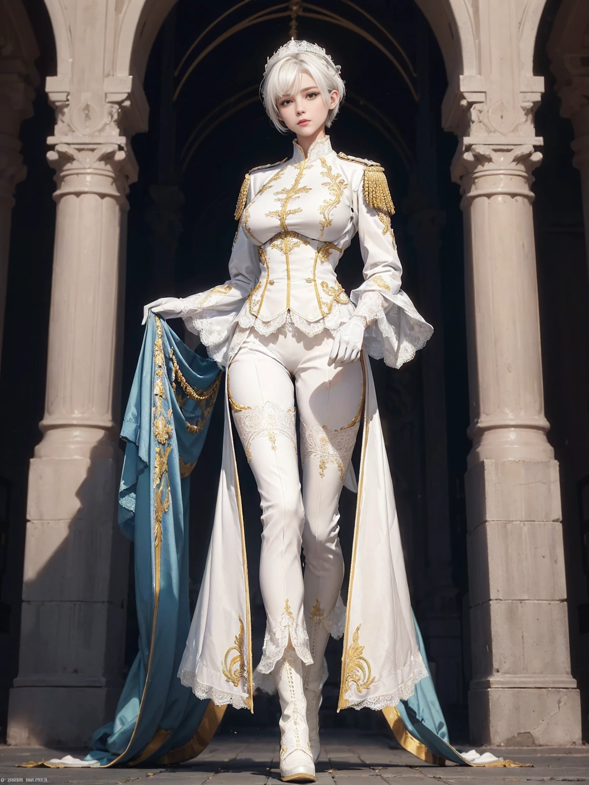 ((1 Full body single woman)) ,(Shooting from front and middle), looking at the camera, centered image, tmasterpiece,A high resolution, Absolutely beautiful, facing camera, Tall and tall,(big breast : 1.3), white short hair with updo, (full coverage white lace uniform, Royalty Ornate, Embroidery, decorated uniform and pants, Exquisite details of the uniform and pants, lace stockings, warrior, white gloves, show boots, military uniform, allure:white hair, short hair (hair behind the body), young adult,(Tall:1.5),Rich scene detail,In the midst of the war,standing.