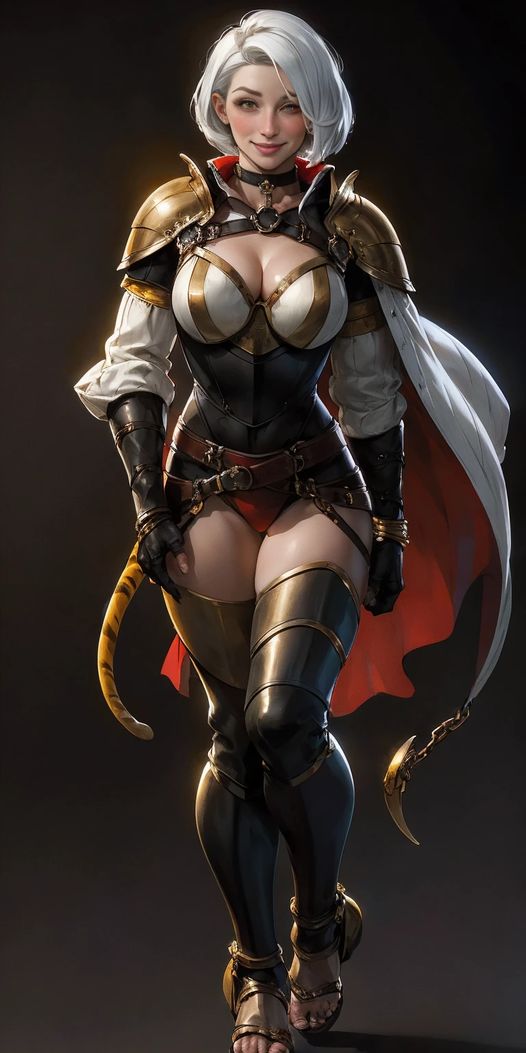 ((BLACK BACKGROUND 1:2, masterpiece)) 1solo female full body standing straight symmetrical with two long thighs and two metal sandals, red eyes like rubies, looking to the viewer, silver white hair, short bob style hair, big knockers breastplate, breastplate, cleavage, tiara royal, long cape up to two feet, yellow bikini (yellow tiger stripes), lustful smirking smiling, smile face (red blushed, red cheeks), pauldrons metal shoulders, gold sleeveless bracelets, separate sleeves, hands on waist hands OR hips, golden bracers, metal handcuffs, leather corset, red loincloth, black leather choker slave collar, shackles bracelets, slave red crest under navel, navel, big belt around waist OR hips, feet together, metal ankles