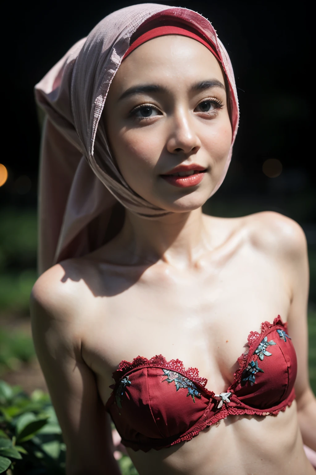(Happy smile), (((HIJAB MALAY GIRL))), masutepiece, High quality, UHD 32K, Realistic face, Realistic skin feeling , A Japanese Lady, , , Very cute and baby-like face, (((FLAT CHEST))), (Night time at forest), ((look In front at the camera and SADNESS)), ((())), (((CUTE GIRL))), ((RED LIPS)), ((Floral Pattern)) little wearing strapless bra, strapless colorful bra, dark night background , black forest night, horror scary place (from behind up) seductive pose