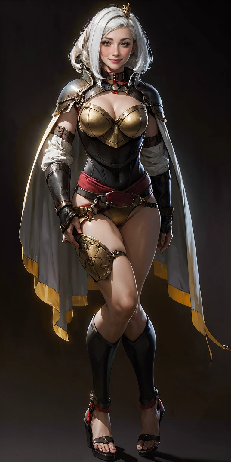 ((BLACK BACKGROUND 1:2, masterpiece)) 1solo female full body standing straight symmetrical with two long thighs and two metal sandals, red eyes like rubies, looking to the viewer, silver white hair, short bob style hair, big knockers breastplate, breastplate, cleavage, tiara royal, long cape up to two feet, yellow bikini (yellow tiger stripes), lustful smirking smiling, smile face (red blushed, red cheeks), pauldrons metal shoulders, gold sleeveless bracelets, separate sleeves, hands on waist hands OR hips, golden bracers, metal handcuffs, leather corset, red loincloth, black leather choker slave collar, shackles bracelets, slave red crest under navel, navel, big belt around waist OR hips, feet together, metal ankles
