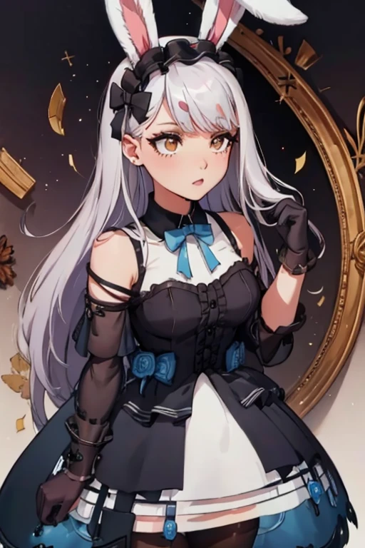 A black haired woman with brown eyes with an hourglass figure with black bunny ears in a cute lolita is tucking a piece of hair behind her ear