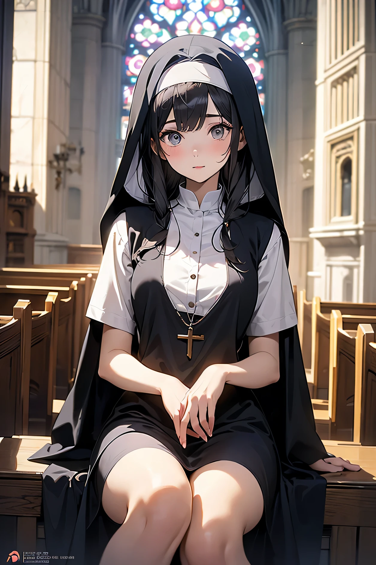 a woman in a black dress and cape posing in a church, nun outfit, guweiz on artstation pixiv, guweiz on pixiv artstation, dressed like a cleric, behind her a gothic cathedral, , [ 4 k digital art ]!!, anime goddess, artwork in the style of guweiz
