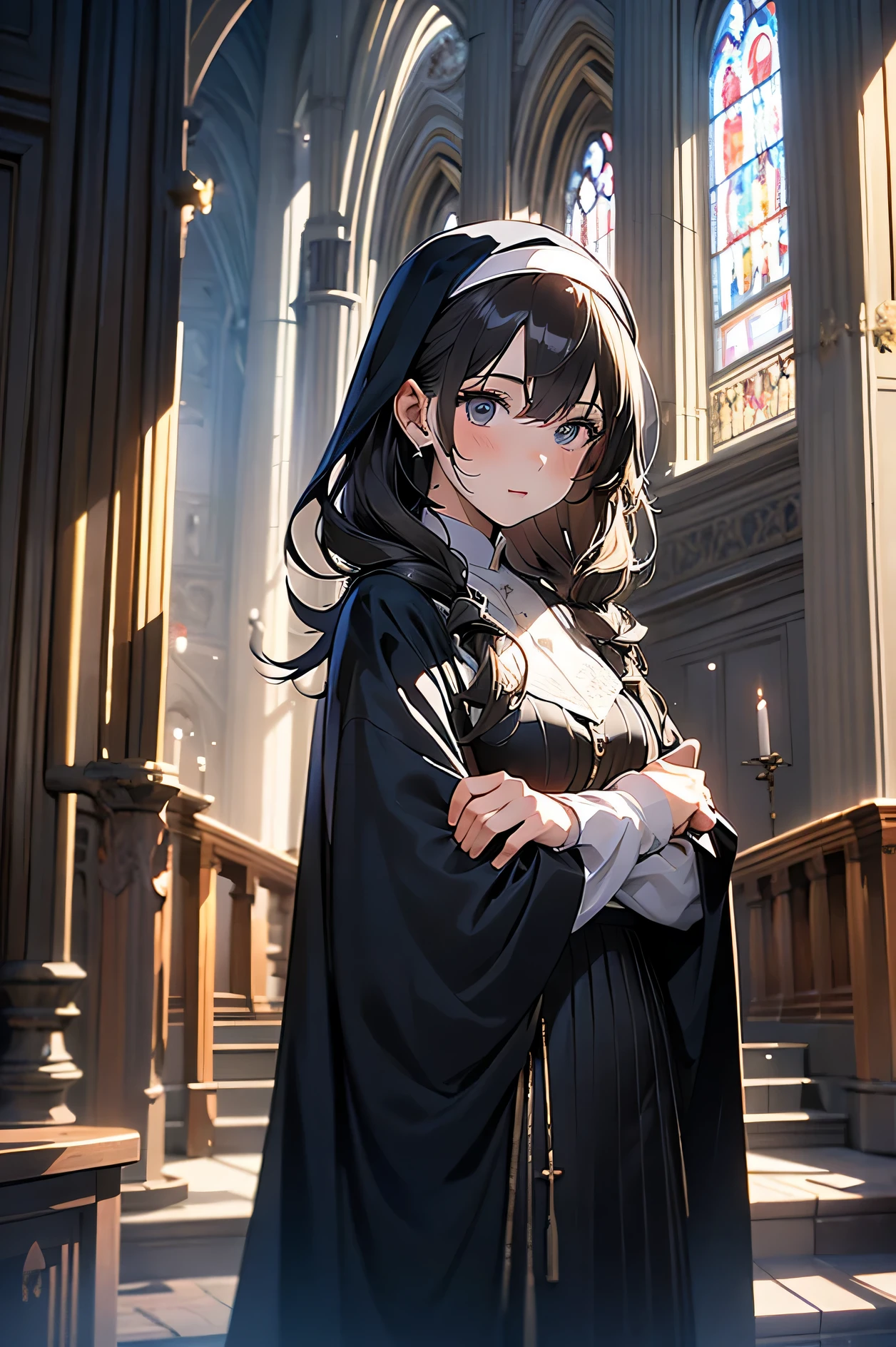 a woman in a black dress and cape posing in a church, nun outfit, guweiz on artstation pixiv, guweiz on pixiv artstation, dressed like a cleric, behind her a gothic cathedral, , [ 4 k digital art ]!!, anime goddess, artwork in the style of guweiz
