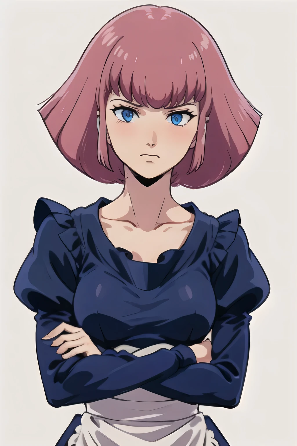 masterpiece, high quality, alone, look down, Low angle shot of Haman_Khan,1 Female, Embarrassed, Pink Hair, short hair, Side Lock, bangs, Eyebrow, blue eyes, clavicle, Maid clothes, Puff sleeves, Long sleeve, Juliet Sleeve, Upper Body, Are standing, (Arms crossed:1.2), Stylish pose, White background, blush