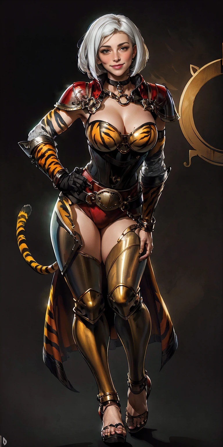 ((BLACK BACKGROUND 1:2, masterpiece)) 1solo female full body standing straight symmetrical with two long thighs and two metal sandals, red eyes like rubies, looking to the viewer, silver white hair, short bob style hair, big knockers breastplate, breastplate, cleavage, tiara royal, long cape up to two feet, yellow bikini (yellow tiger stripes), lustful smirking smiling, smile face (red blushed, red cheeks), pauldrons metal shoulders, gold sleeveless bracelets, separate sleeves, hands on waist hands OR hips, golden bracers, metal handcuffs, leather corset, red loincloth, black leather choker slave collar, shackles bracelets, slave red crest under navel, navel, big belt around waist OR hips, feet together, metal ankles