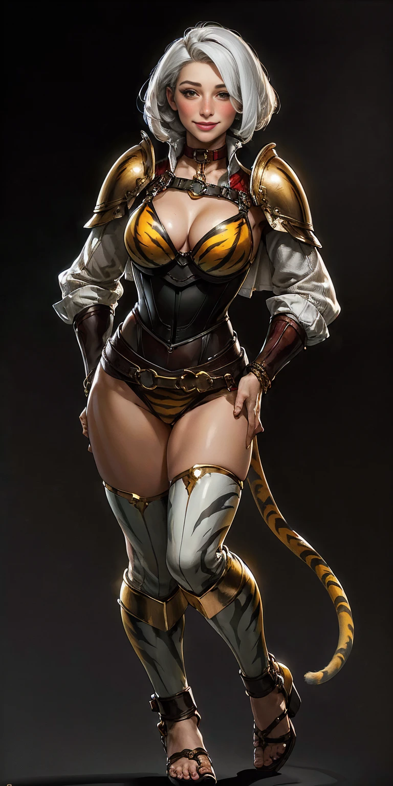 ((BLACK BACKGROUND 1:2, masterpiece)) 1solo female full body standing straight symmetrical with two long thighs and two metal sandals, red eyes like rubies, looking to the viewer, silver white hair, short bob style hair, big knockers breastplate, breastplate, cleavage, tiara royal, long cape up to two feet, yellow bikini (yellow tiger stripes), lustful smirking smiling, smile face (red blushed, red cheeks), pauldrons metal shoulders, gold sleeveless bracelets, separate sleeves, hands on waist hands OR hips, golden bracers, metal handcuffs, leather corset, red loincloth, black leather choker slave collar, shackles bracelets, slave red crest under navel, navel, big belt around waist OR hips, feet together, metal ankles