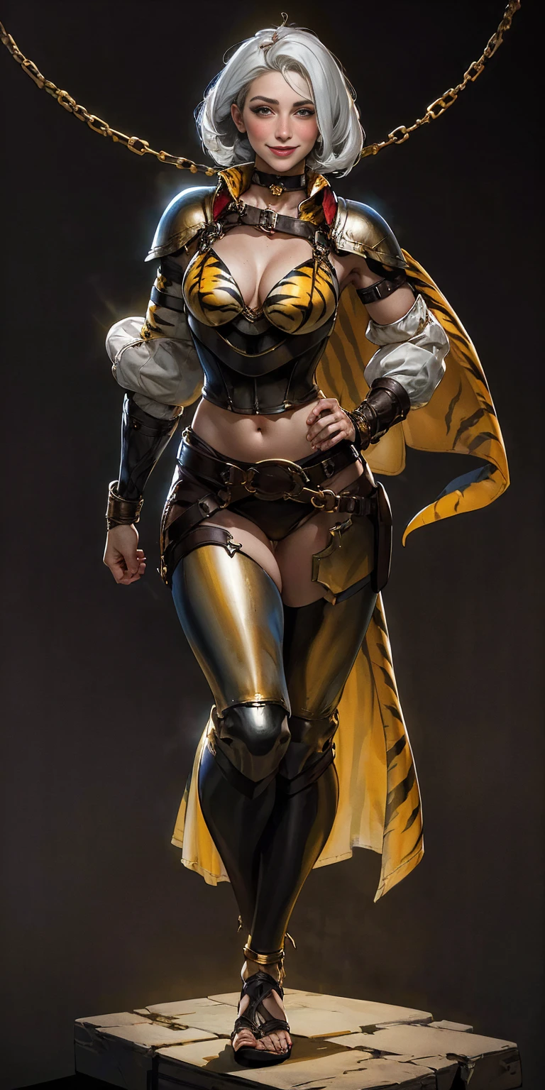 ((BLACK BACKGROUND 1:2, masterpiece)) 1solo female full body standing straight symmetrical with two long thighs and two metal sandals, red eyes like rubies, looking to the viewer, silver white hair, short bob style hair, big knockers breastplate, breastplate, cleavage, tiara royal, long cape up to two feet, yellow bikini (yellow tiger stripes), lustful smirking smiling, smile face (red blushed, red cheeks), pauldrons metal shoulders, gold sleeveless bracelets, separate sleeves, hands on waist hands OR hips, golden bracers, metal handcuffs, leather corset, red loincloth, black leather choker slave collar, shackles bracelets, slave red crest under navel, navel, big belt around waist OR hips, feet together, metal ankles