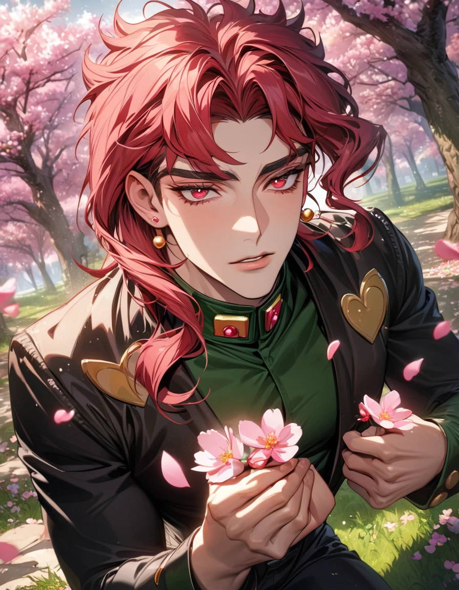 absurdres, highres, ultra detailed, HDR, master piece, best quality, extremely detailed face and eyes, Kakyoin, red hair, expressive red eyes, jojo bizarre adventure, solo, sexy man, handsome, black pants, spring, trees, blossoms, pink petals, pink butterflies