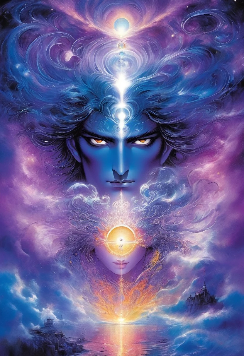 In a dreamlike, fantasy world, a telepathic male with psychic powers possesses a unique third eye. The intense gazing of his deep purple eyes allows him to access an alternate reality and connect with parallel universes. His mind bending abilities are enhanced by the flow of vital energy, creating a mesmerizing spectacle. The artwork is inspired by the Yoshitaka Amano style, known for its intricate and ethereal aesthetics. With ultra-detailed features, the protagonist's face portrays a sense of mystery and power, further emphasized by long, flowing hair and dazzling attire. The scene is bathed in vivid colors, with a palette reminiscent of an otherworldly sunset. Soft, dreamy lighting casts a gentle glow upon the surroundings, emphasizing the ethereal nature of the alternate reality. The overall composition evokes a sense of enchantment and wonder, inviting viewers to explore the depths of the protagonist's mind and the vast possibilities of the unseen world. (best quality,4k,8k,highres,masterpiece:1.2),ultra-detailed,(realistic,photorealistic,photo-realistic:1.37),alternative reality,telepathic,psychic powers,mind reading,third eye,mind bending,intense gazing,parallel universe,Yoshitaka Amano style,dreamlike,fantasy,vivid colors,soft lighting