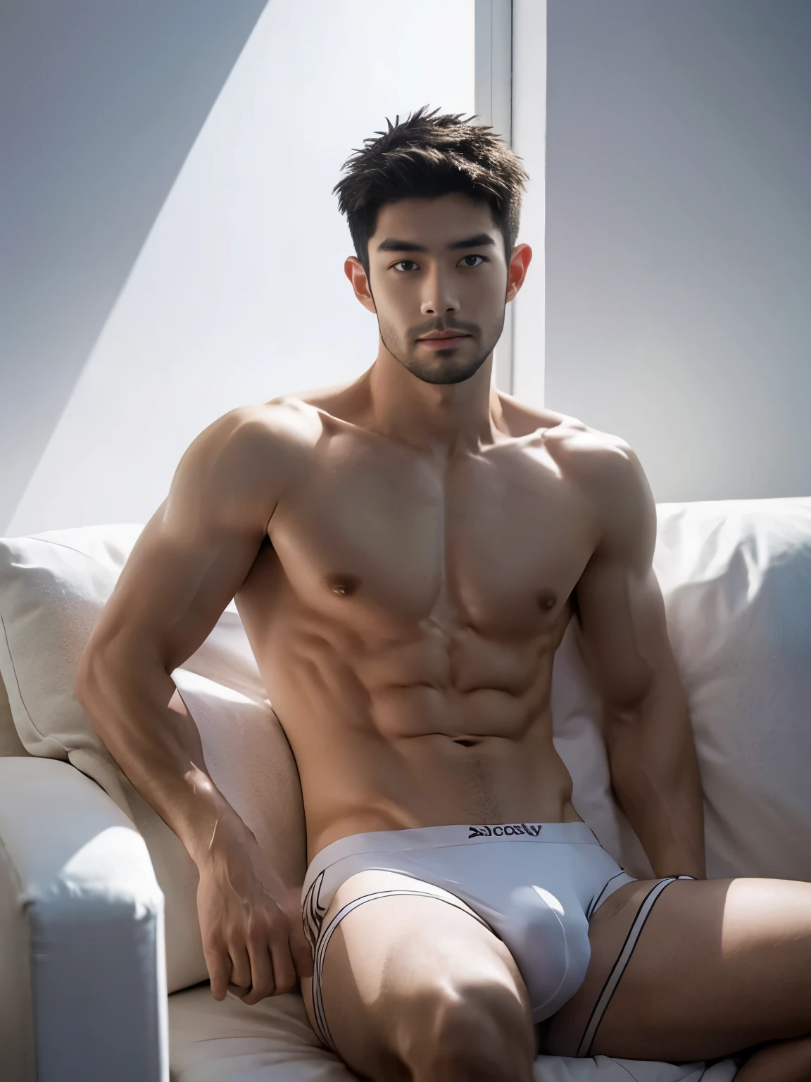 Arafed man in a briefs, handsome man, handsome guy, Full Body Shoot, photoshoot, beard, a little beard, male underwear, briefs, portrait, look at camera, detailed facial parts, Manly, Charmer, Active Boy, sitting, sitting on sofa, legs opened, harness, furious expression, perfect anatomy, symmetric body, asian boy 25-year-old, shirtless :: high detail, asian, a little six packs attractive body, realistic, human skin, handsome chad chin, shirtless, handsome, lean muscle, attractive, slim, masculine, sexually attractive, human skin, (eyes contact), Handsome, Attractive, bulge in briefs, The crotch is raised, bright tone, pastel background, realistic