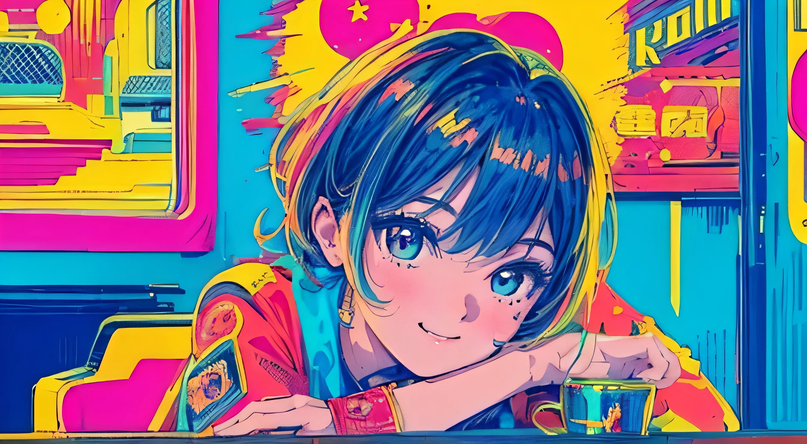 highest quality, 4k wallpaper, masterpiece, Very detailed CG Unity 8k wallpaper, Very fine grain, Very detailed, Intricate details, Close-up of one happy girl in the center, Retro art style, neon_pop art style, indoor,table,study
