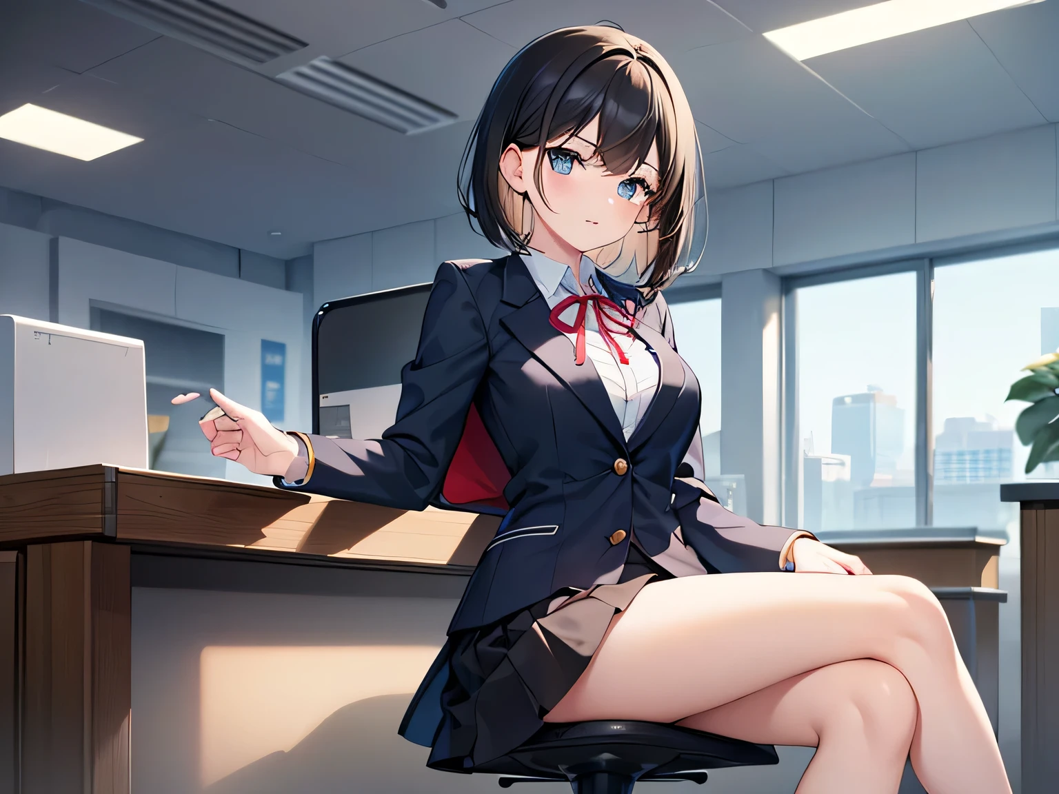 (Masterpiece, top quality, high resolution, realistic photo, realistic looking skin:1.1),
(Receptionist sitting in office chair inside reception counter serving customers:1.8),
(She has a stern look in her eyes:1.5),
(light blue blazer and skirt set-up is the uniform:1.8), 
(blazer and shirt all buttoned up, ribbon around neck, name plate on left breast:1.8),
(The skirt is short and shows off her beautiful legs: 1.5),
(Medium black hair:1.5),
(Location: office chair in the counter of the general reception center of the company:1.5),
1 Japanese girl, solo, full bodied esbian, beautiful eyes, glowing eyes, glowing thighs, NSFW