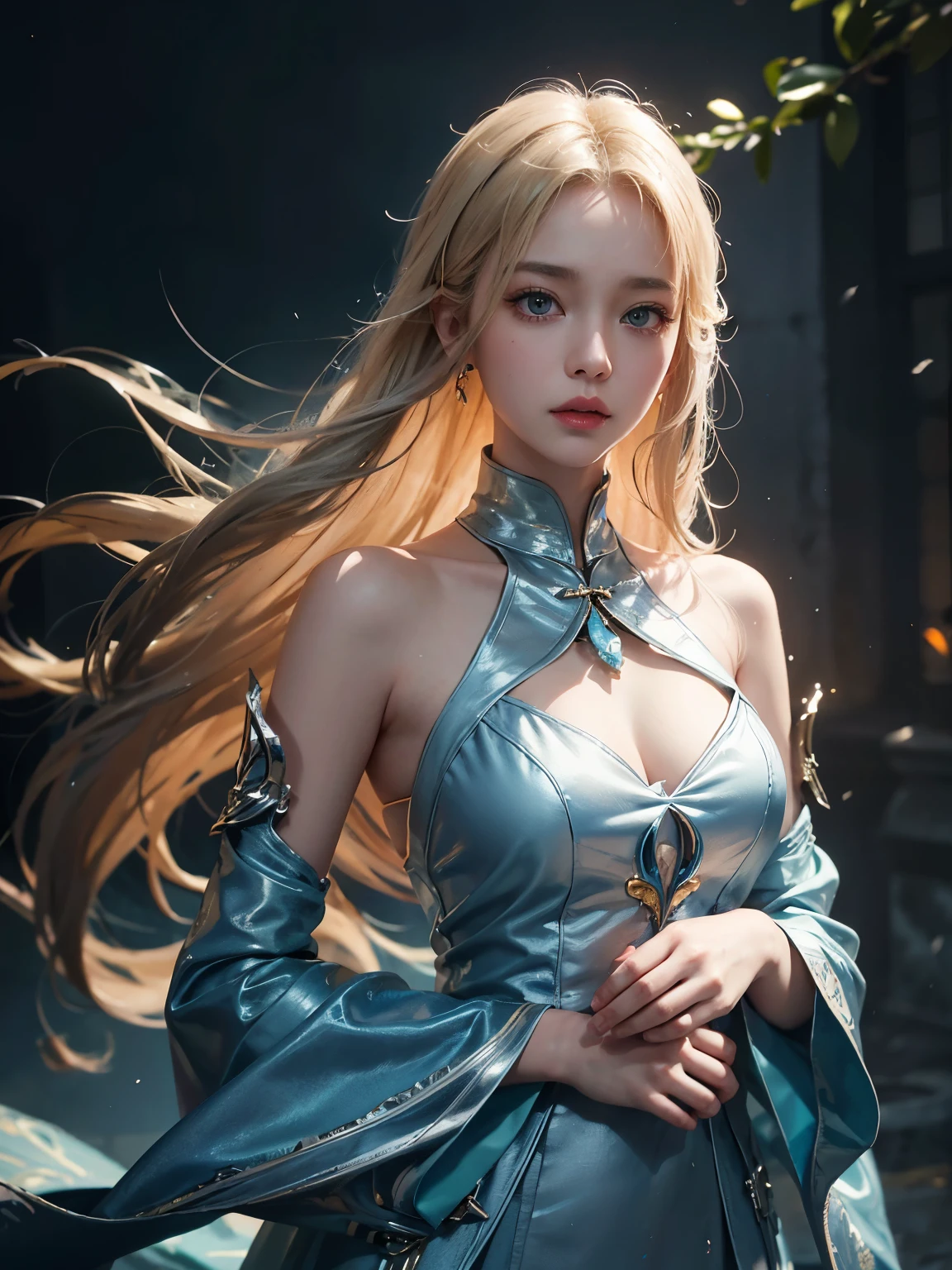 A beautiful woman and she has long, blonde hair with blue eyes and she has white skin and a small nose shaped like a dragon.