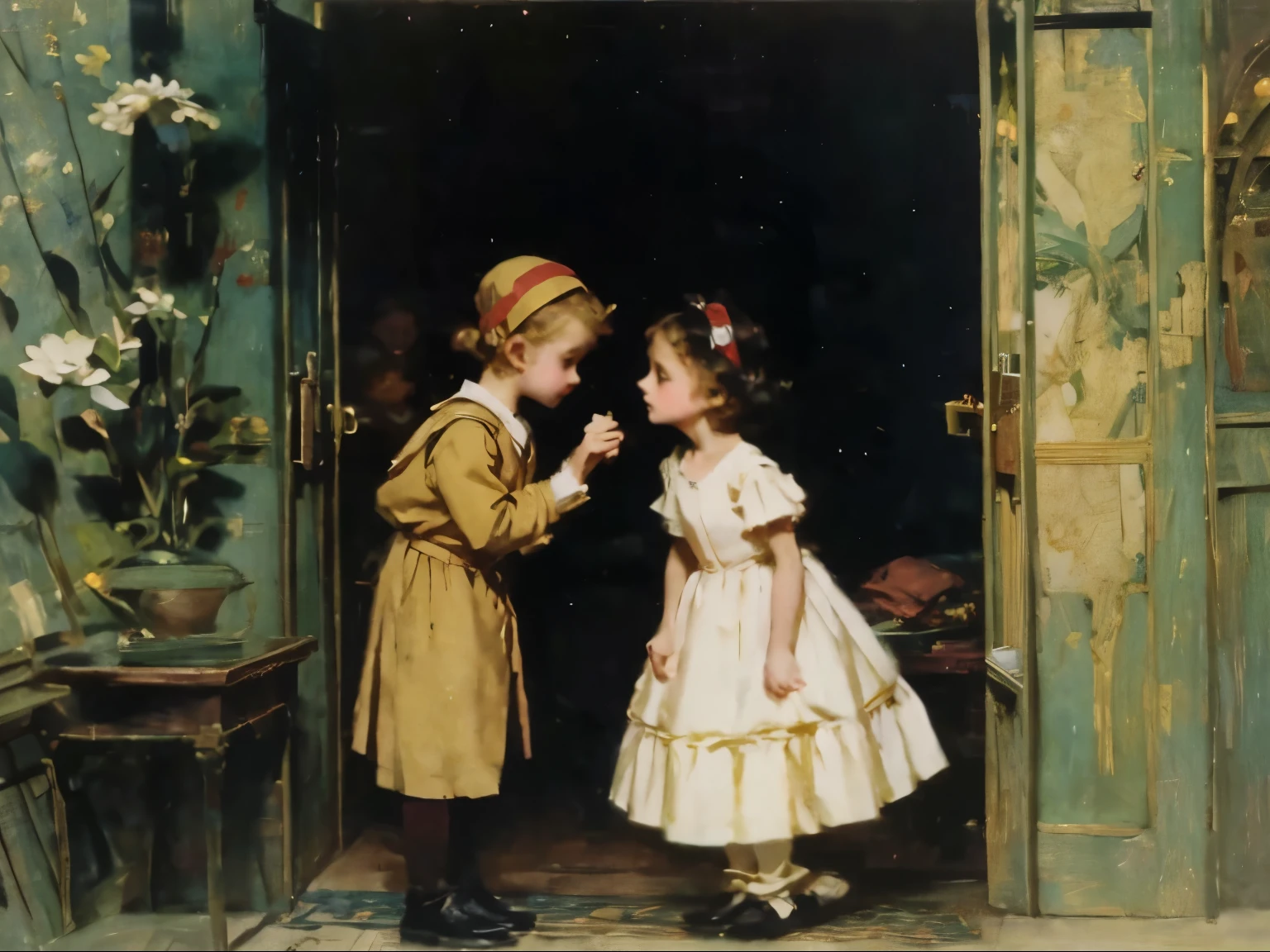 there are two children that are standing next to each other, peasant boy and girl first kiss, by Dorothy Hood, by Alice Prin, boy girl traditional romance, louis icart, joseph leyendecker, by Sun Junze, by Gerda Wegener, by Irene Bache, by Margaret Brundage, by Jacques Sablet, by Gustaf Tenggren,