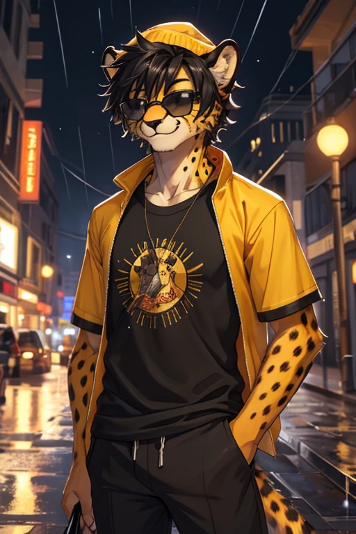 Cheetah, antro, male, solo, non-human, street clothes, Rain, younger, 20 years old, taller, messy hair, cheetah face, slim body, cheetah tail, sun glasses, black hair, little smile, furry, gorro de tela color negro, camiseta color amarillo, pantalon negro, ropa informal, chaqueta negra, cheetah face, street, like hands,