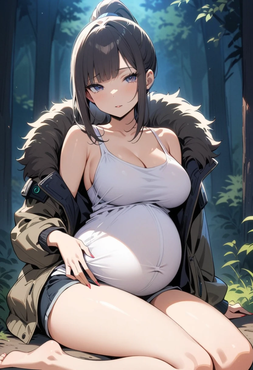 masterpiece, best quality, high resolution, 8k, JK,1 girl,Pregnant women,Sexy,Medium breasts,In the forest,Gray eyes, high ponytail, Cyberpunk, White top, Open belly, shorts, Fur coat,Sitting,night,barefoot