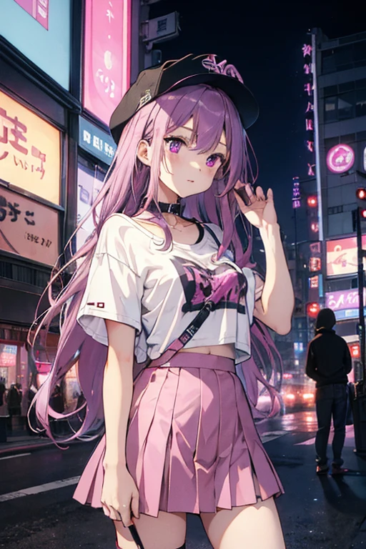 masterpiece, highest quality, One girl, Purple Hair,Pink Eyes, Long Hair,(Small breasts),Are standing on street, (Collar T-shirt), Underwear Straps, Pink Skirt, Front view, Are standing,City Night, Neon Light,  Background Tokyo Street, taxi, Date, shy,hat, Put your hands behind your back