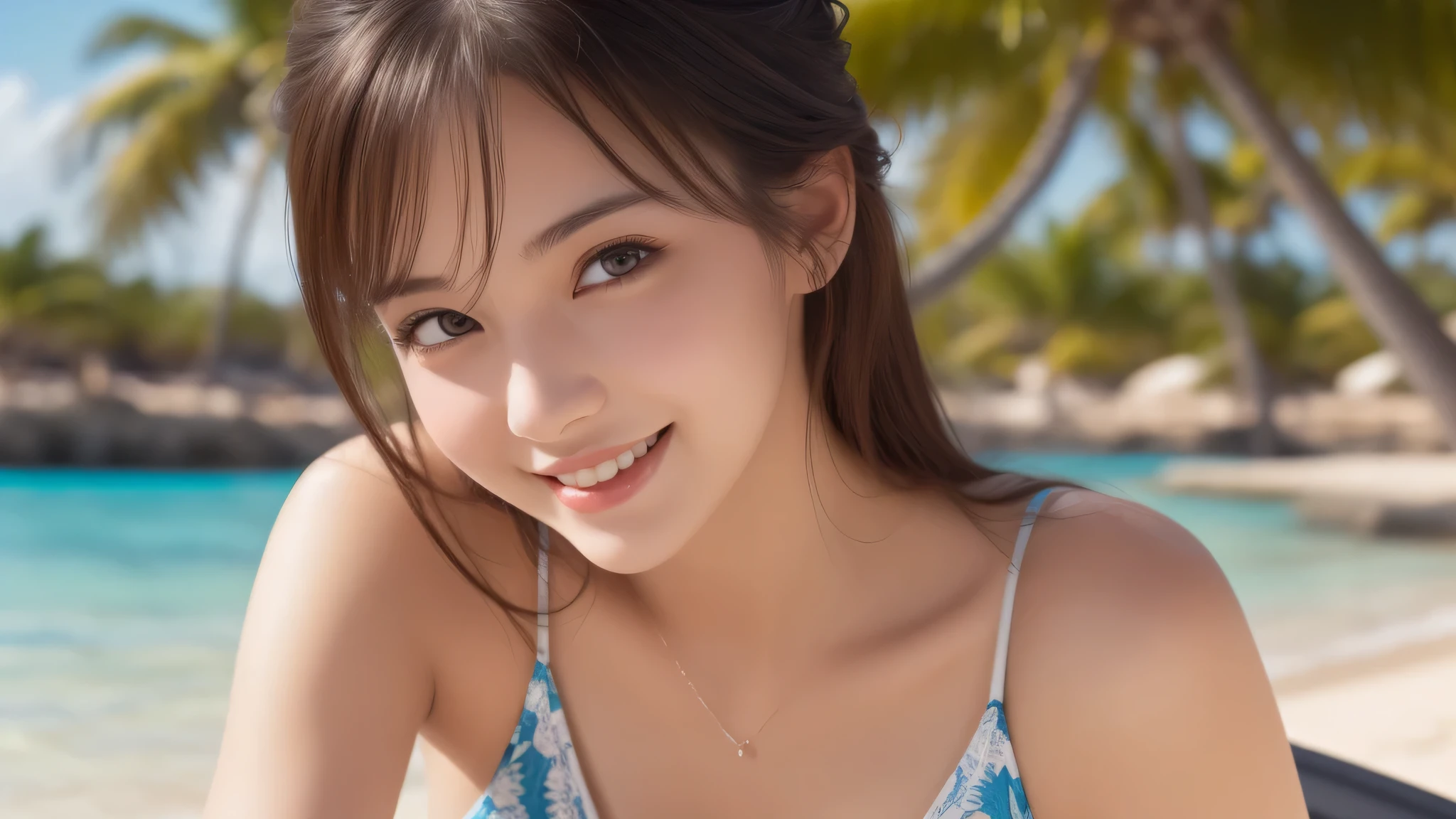 (2girl), (ultimate beautiful girl), (cute face), (smiling), cleavage, (Best Quality:1.4), (Ultra-detailed), (extremely detailed beautiful face:1.2), (highly detailed Beautiful face), (extremely detailed CG unified 8k wallpaper), High-definition raw color photos, Professional Photography, Extremely high resolution, fashionable, Highly detailed, bikini, beach, palm trees,