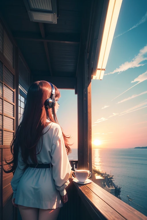 Back view of beautiful long-haired European girl、Enjoy a cup of coffee on the café terrace,At the same time, enjoy the beautiful sunrise over the sea.1 cup, A person supports his body with his elbows,Looking at the back of the sea,Dream, Please put on your headphones, Analog color theme, Lo-fi hip-hop , review, flat, 2.5D ,Draw a line, Ink Painting, Osaka Road, Floating cherry blossoms watercolor painting, Gouache, Studio Ghibli style, colorful, Otterton, Krautlock, Loffiato,Old Texture, amplitude,Psychedelic atmosphere, masterpiece, Miracle Technology,Darken the room,Beautiful romantic morning at the seaside