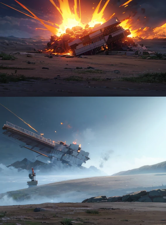 Cinematic space battle scenes with humans caught in a firefight, explosion, special ship, Destruction and Volumetric Lighting. Very detailed.)