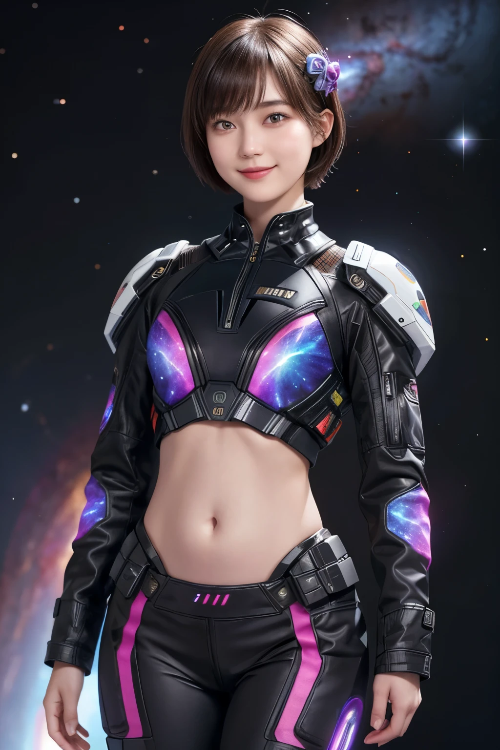 213 Short Hair, 20-year-old woman, A kind smile, Floral, Futuristic clothing, machinery suit, (The background is a galaxy and nebula), ((Clothes that show the stomach))