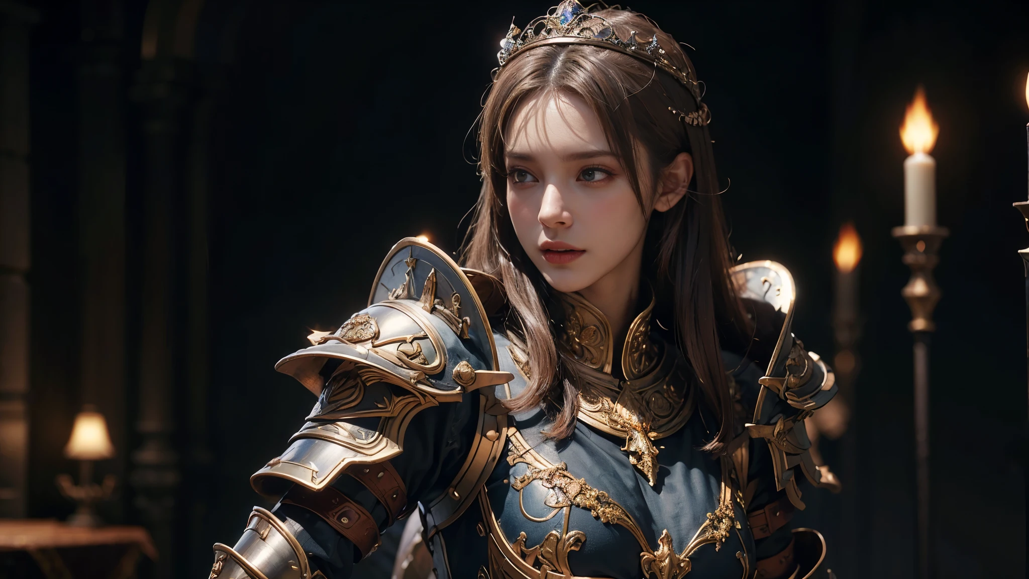 individual, very pretty girl, Gorgeous armor,Complex patterns, crown, Very detailed,Large Breasts, deadly face, Sharp focus, The background is a battlefield, Concept Art, Very detailed, Realistic, Octane Rendering, Unreal Engine, Depth of Field, pentagonal bokeh,dramatic,half body shot,