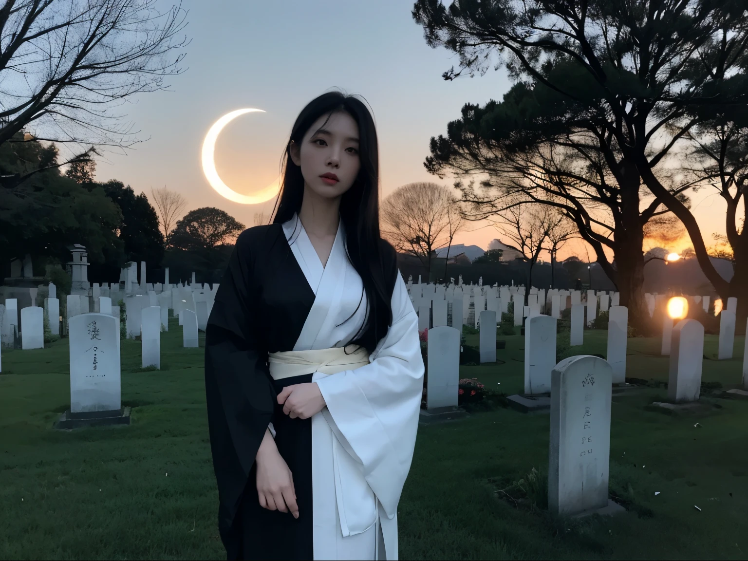 A photograph of the ghost of a seductive woman with long black hair wearing a thin white Japanese kimono from head to waist.、The background is a cemetery at night with the moon shining behind it.、The ghost's body is pale and faintly illuminated by the moonlight.。