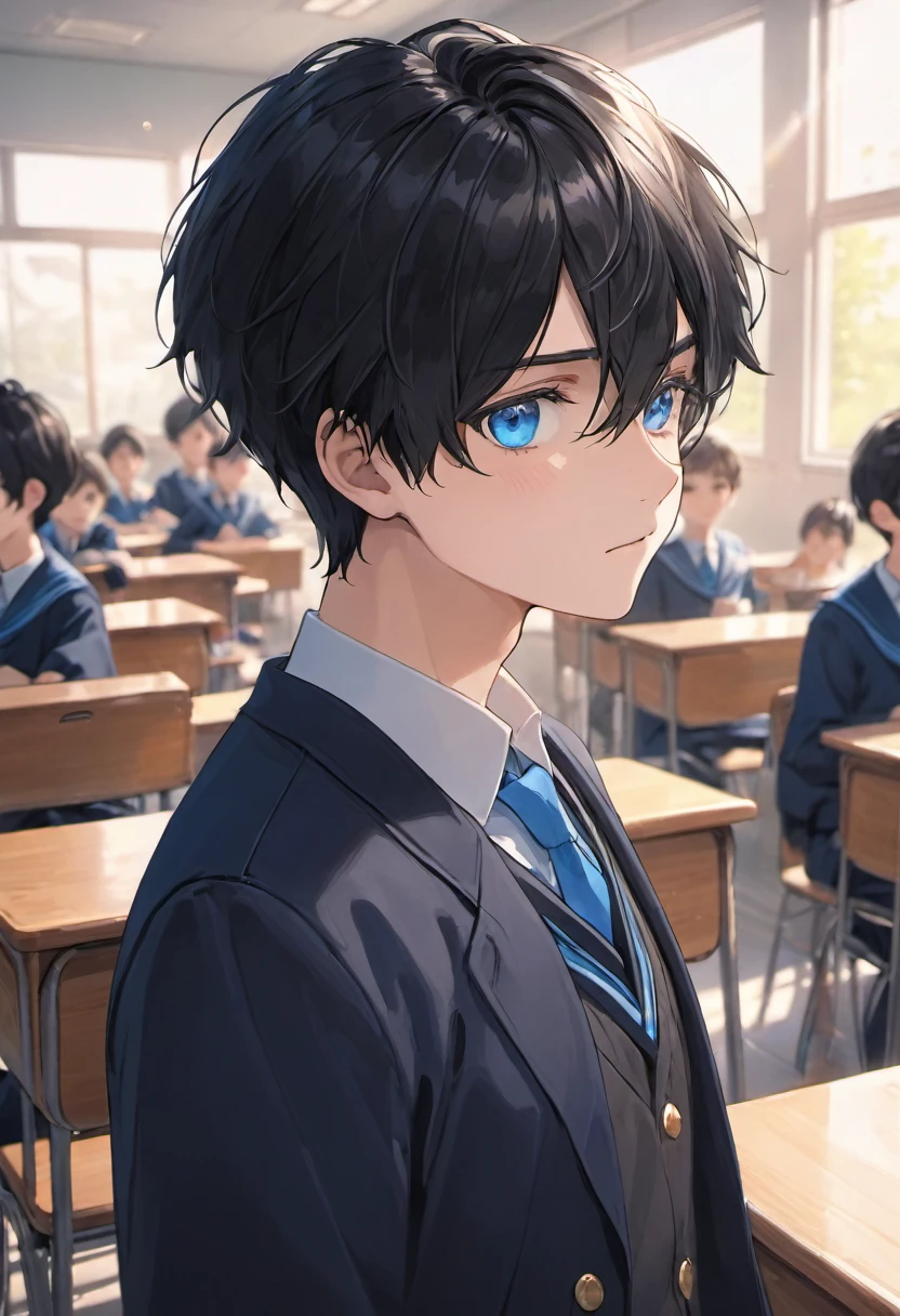 (best quality,4k,8k,highres,masterpiece:1.2),ultra-detailed,(realistic,photorealistic,photo-realistic:1.37),anime,boy with black hair,blue eyes,uniform,in the school classroom,bullied by classmates,daytime, vivid colors,bokeh,lighting: soft natural light