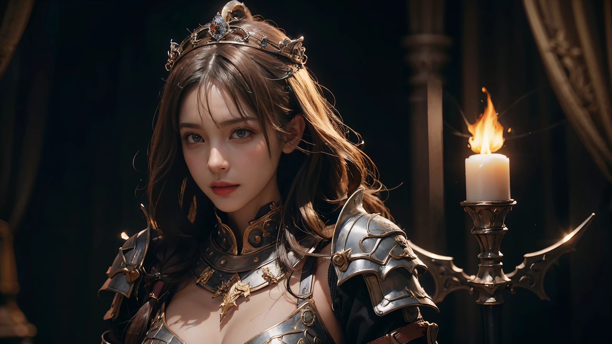 individual, very pretty girl, Gorgeous armor，Complex patterns, crown, Very detailed,Large Breasts, deadly face, Sharp focus, The background is a battlefield， Concept Art, Very detailed, Realistic, Octane Rendering, Unreal Engine, Depth of Field, pentagonal bokeh，dramatic，half body shot，