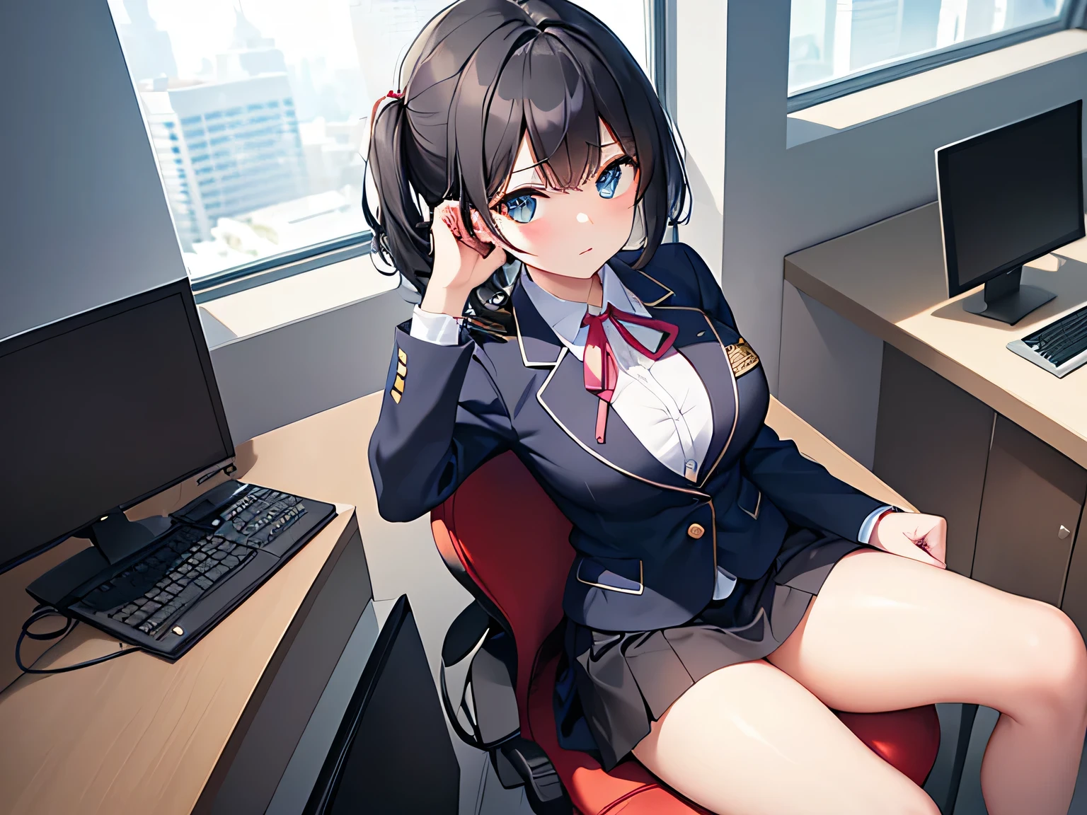 (Masterpiece, top quality, high resolution, realistic photo, realistic looking skin:1.1),
(Receptionist sitting in office chair inside reception counter serving customers:1.8),
(She has a stern look in her eyes:1.5),
(light blue blazer and skirt set-up is the uniform:1.8), 
(blazer and shirt all buttoned up, ribbon around neck, name plate on left breast:1.8),
(The skirt is short and shows off her beautiful legs: 1.5),
(Medium black hair:1.5),
(Location: office chair in the counter of the general reception center of the company:1.5),
1 Japanese girl, solo, full bodied esbian, beautiful eyes, glowing eyes, glowing thighs, NSFW