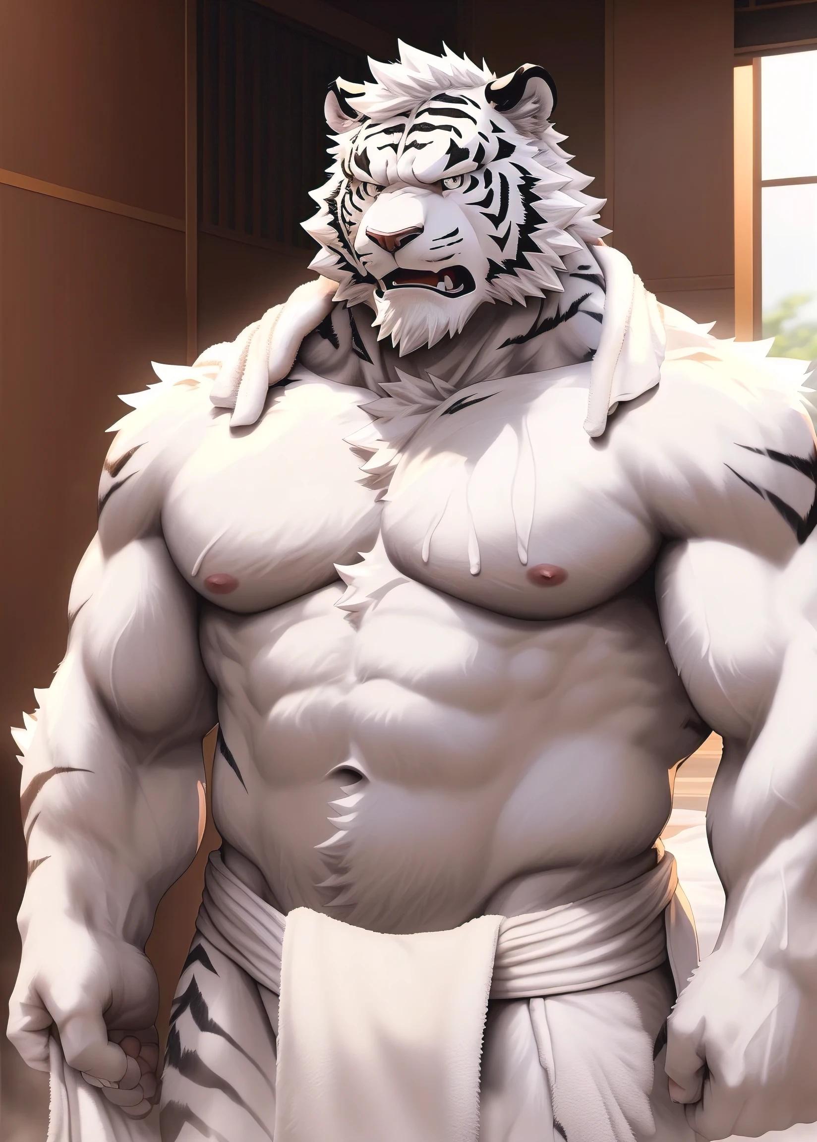 (masterpiece),(Very detailed),(best quality),hairy,White Tiger,middle aged,White hair,(((White fur:1.5))),Pale gray pupils,black beard,(((Topless:1.5))),(((White towel for lower body:1.5))),(fierce:1.1),((Expression of caution)),Standing on the bed,(Modern room background),(Very detailed),8k,((Japanese animation)),((Comic Style)),(super high quality)
