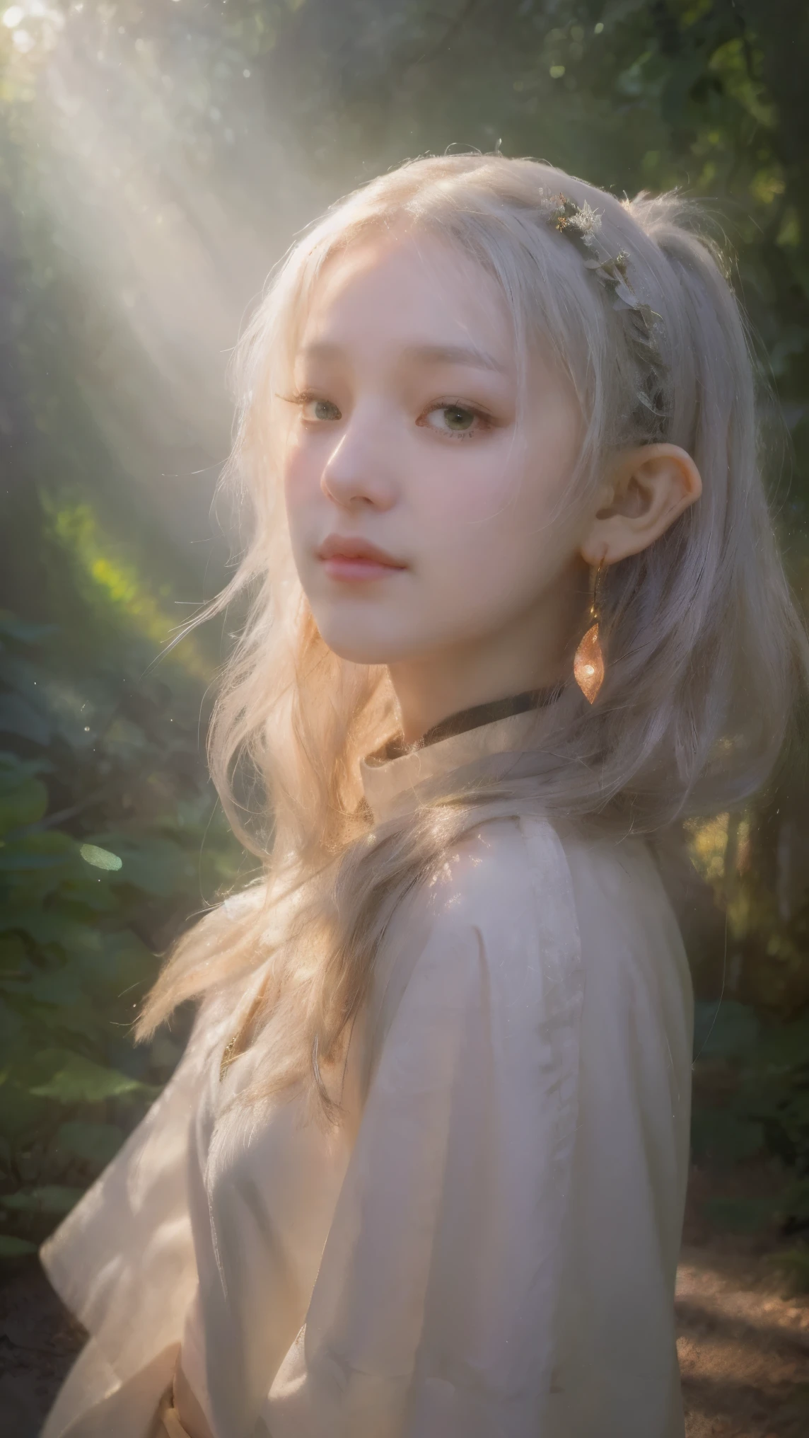 (best quality,4k,highres,masterpiece:1.2),ultra-detailed,realistic:1.37,portrait,illustration,oil painting,detailed eyes,detailed lips,long eyelashes,beautiful girl,fantasy theme,enchanted forest,magical atmosphere,morning light,fairy tale,soft color palette,natural elements,mossy trees,whimsical creatures, ethereal glow,mystical staff,flowing robes,delicate features,wavy hair,rays of sunlight,serene expression,positional light,subtle shadows,artistic brushstrokes,dreamlike texture,depth and dimension,impressive level of detail,radiant beauty,vivid colors,fantasy world,peaceful ambiance