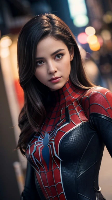 Here is a refined description of the scene you described:

The person is wearing a female Spider-Man costume in a detailed cosplay, em um tamanho de 1.1 metros, with a head in proportion of 1.3 metros. She is facing the sky, with hands delicately positioned, creating a dynamic and captivating image.

The image is captured at a resolution of 4K, com alta qualidade e detalhes impressionantes. Photos are taken with a Hasselblad camera, ensuring accurate and faithful reproduction of details.

The person&#39;s skin is thin and delicate, with a sharp focus that highlights every texture and detail. The lighting is gentle and subtle, reminiscent of film lighting, criando uma atmosfera noturna e misteriosa.

Camera angle is dynamic, capturando a pessoa em uma pose poderosa e expressiva. Facial details are emphasized, with a ratio of 1.2 meters and an emphasis of 0.2, highlighting important facial features.

The person&#39;s breasts are medium in size, equilibrando perfeitamente a figura e complementando o traje do Homem-Aranha feminino. The clothes are predominantly white, com detalhes em preto e vermelho, creating an iconic and recognizable character aesthetic.

This artwork is a stunning, detailed representation of the female Spider-Man in a stylized, nocturnal setting.. Image quality and detail ensure an immersive and engaging visual experience for the viewer.