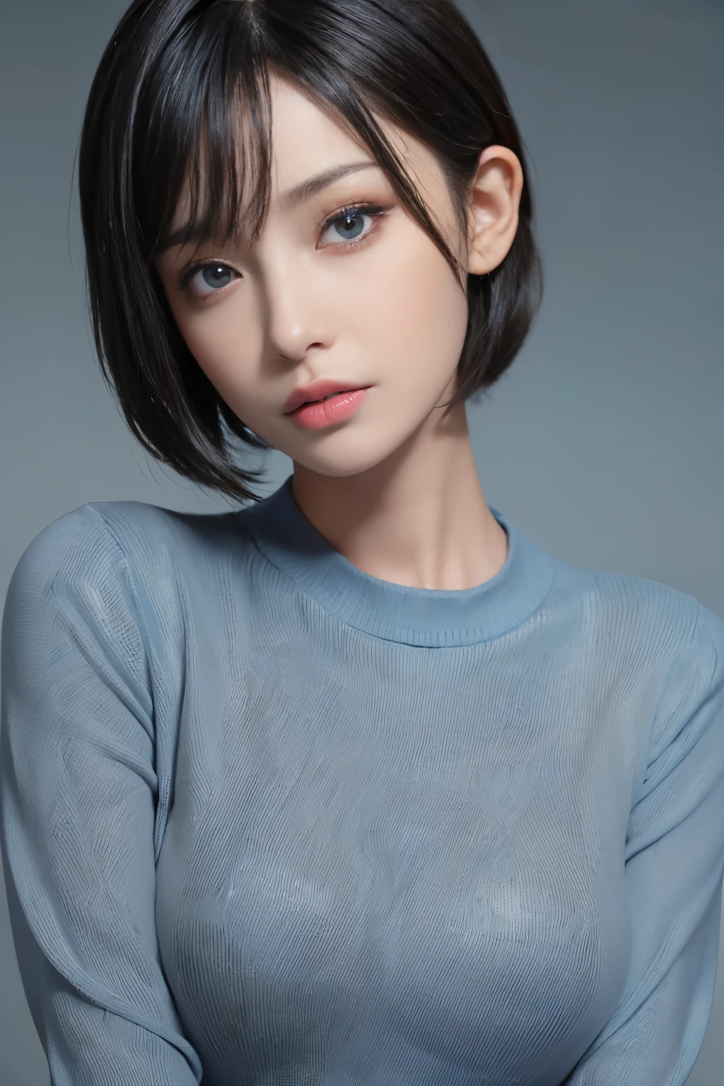 Masseter muscle area, In 8K, Photorealistic, Raw photo, highest quality, (One Girl), Beautiful Face, (A vivid face), (Black-haired), (short hair, Beautiful hairstyle, Realistic eyes, Detailed eyes, (real skin), Beautiful skins, (Light blue sweater), attractive, 超A high resolution, Surreal, High Detail, Golden Ratio,