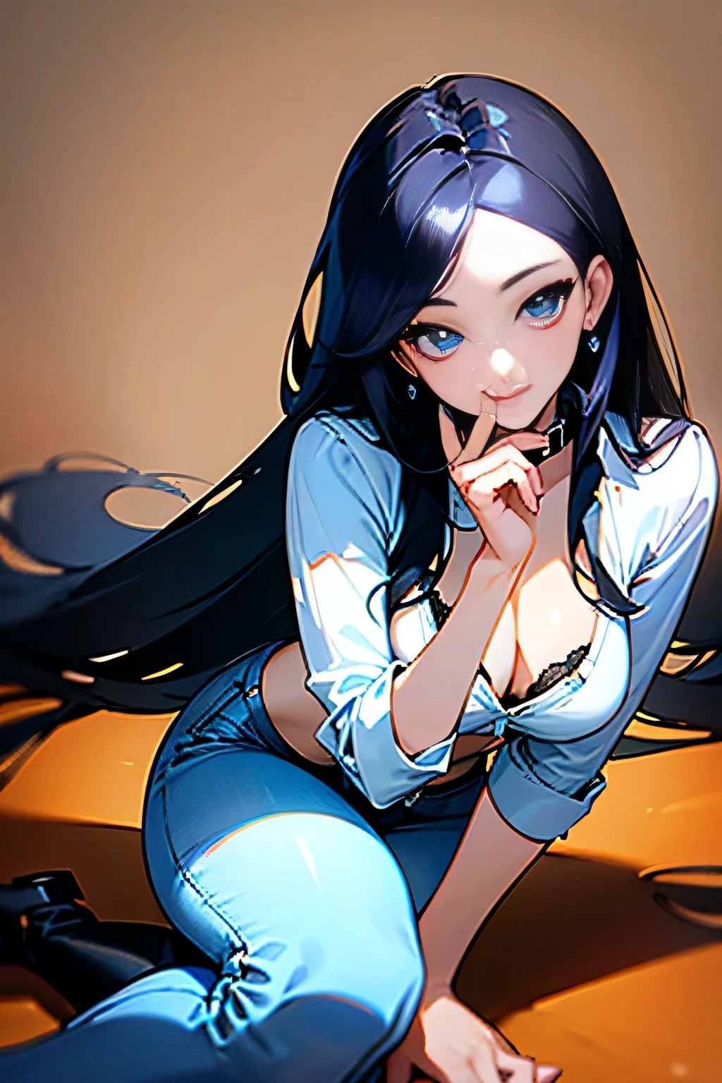 ((best quality)), ((masterpiece)), (detailed), Perfect face，Aloof Royal Sister，Sexy，White shirt，blue skinny jeans，over-the-knee boots，Black bra looming，Fasten the buttons，Black long hair，Oriental beauty，charming，30 years old，Unbutton the top two buttons，full，Fingers hooked on collar