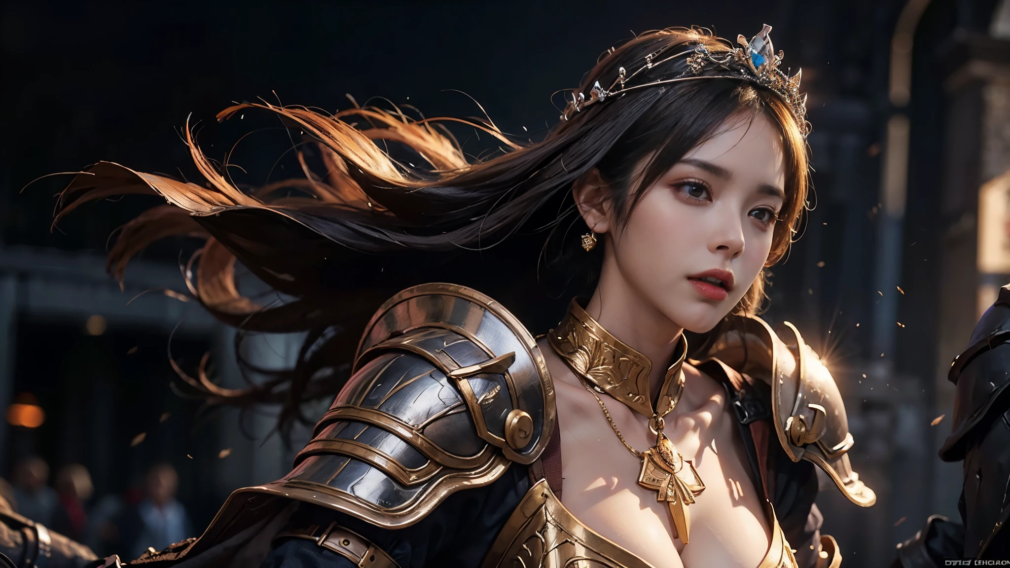 individual, very pretty girl, Gorgeous armor，Complex patterns, crown, Very detailed,Large Breasts, deadly face, Mouth tightly shut，Sharp focus, The background is a battlefield， Concept Art, Very detailed, Realistic, Octane Rendering, Unreal Engine, Depth of Field, pentagonal bokeh，dramatic，half body shot，