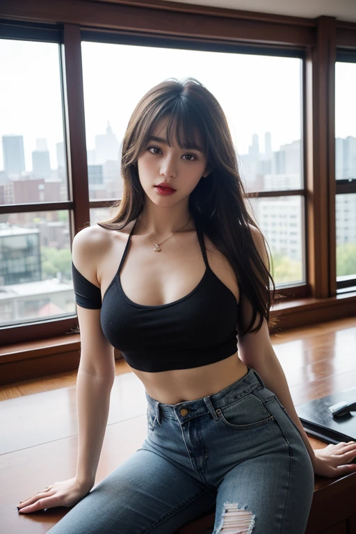 ((best quality)), ((masterpiece)), (detailed), perfect face, top Quority,Ultra-clear resolution, Brown hair. layered length. Bangs. ((Korean )). Slender abs:1.1. (big breasts:up face. Red lipstick. Brown hair. layered length. Bangs. ((Ripped jeans tights. Halter Triangle t shirt)). Stand. sexy butt. small thigh cumfee. inside the hotel. in front of a glass wall. daytime city view
