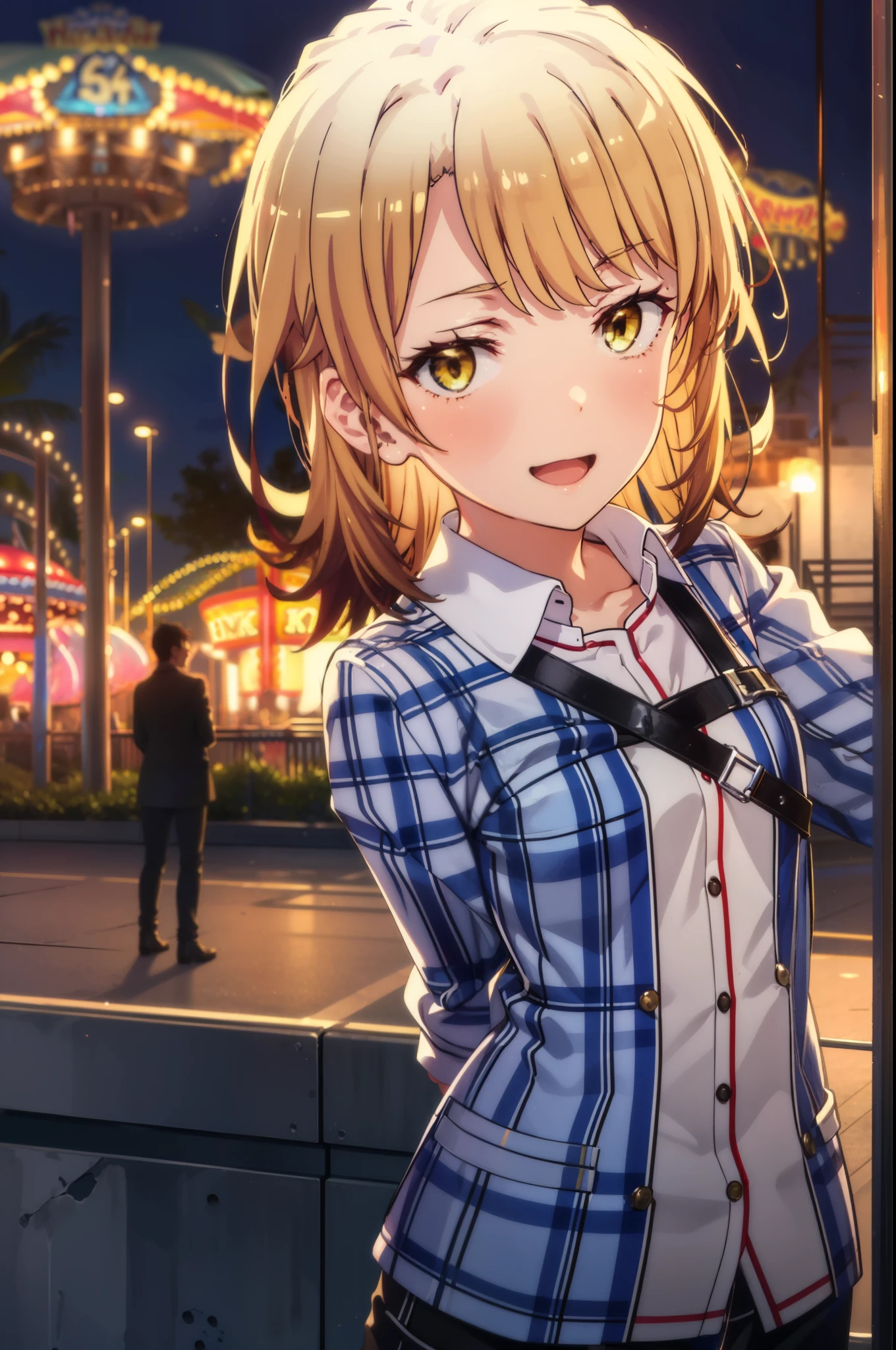 irohaisshiki, Iroha Isshiki, long hair, brown hair, (Brown eyes:1.5), happy smile, smile, Open your mouth, Oversized grey checked shirt,Long sleeve,Put your arms behind your back,slouch,Looking down from top to bottom,,Shorts and boots,amusement park, roller coaster, carousel, Bumper Car, Ferris wheel, Water Park,Clear skies,Daytime,
break indoors, amusement park,
break looking at viewer, whole body,Upper Body,(Cowboy Shot:1. 5)
break (masterpiece:1.2), highest quality, High resolution, unity 8k wallpaper, (figure:0.8), (Beautiful fine details:1.6), Highly detailed face, Perfect lighting, Highly detailed CG, (Perfect hands, Perfect Anatomy),