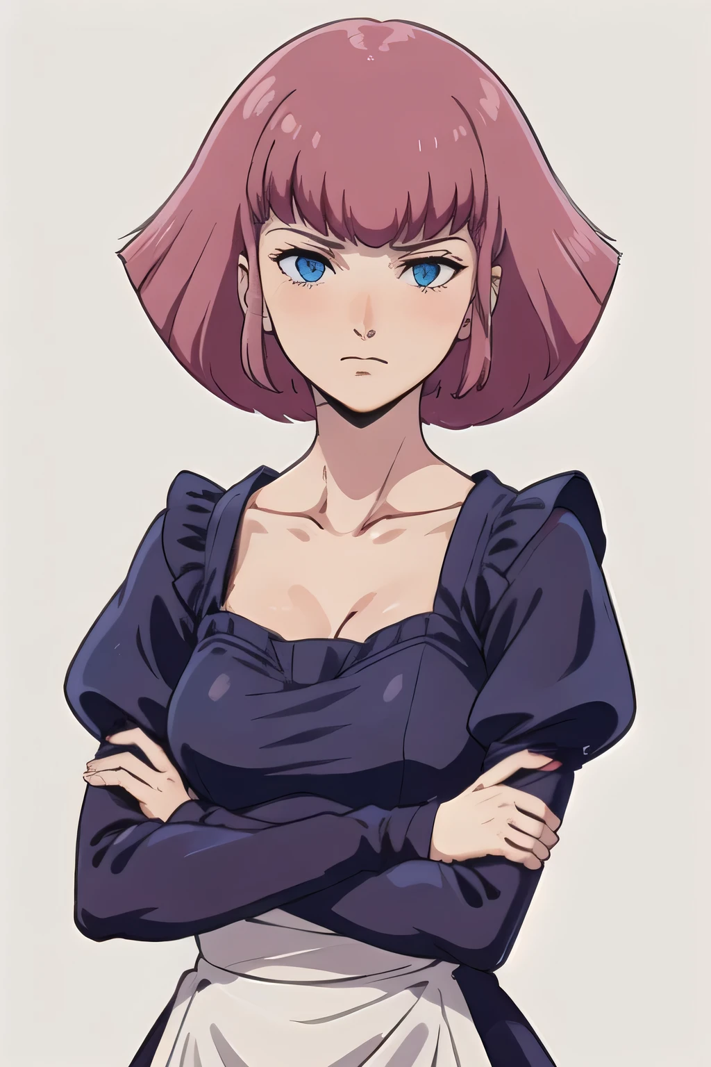 masterpiece, high quality, alone, look down, Low angle shot of Haman_Khan,1 Female, Embarrassed, Pink Hair, short hair, Side Lock, bangs, Eyebrow, blue eyes, clavicle, Maid clothes, Kind eyes, Long sleeve, Juliet Sleeve, Upper Body, Are standing, (Arms crossed:1.2), Stylish pose, White background, blush