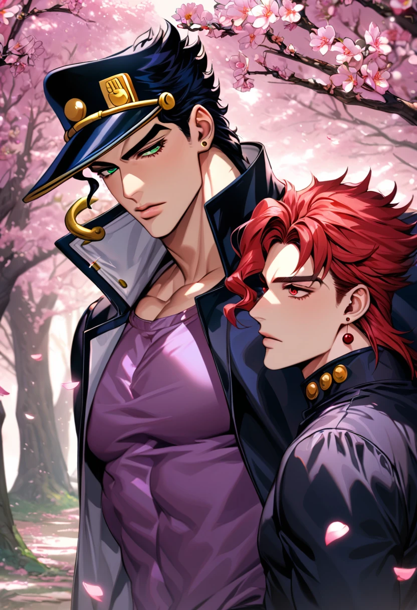 absurdres, highres, ultra detailed, HDR, master piece, best quality, extremely detailed face and eyes, Jotaro Kujo, black hat, black hair, expressive green eyes, jojo bizarre adventure, Kakyoin, red hair, expressive red eyes, 2men together, sexy gay couple, handsome, black coat, purple shirt, spring, trees, blossoms, pink petals, pink butterflies