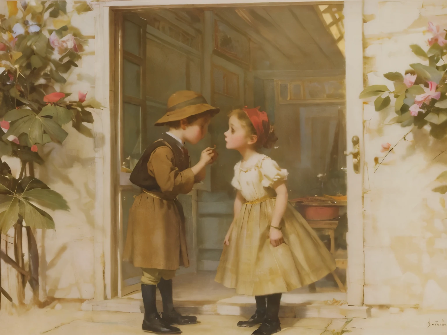 there are two children that are standing next to each other, peasant boy and girl first kiss, by Dorothy Hood, by Alice Prin, boy girl traditional romance, louis icart, joseph leyendecker, by Sun Junze, by Gerda Wegener, by Irene Bache, by Margaret Brundage, by Jacques Sablet, by Gustaf Tenggren,