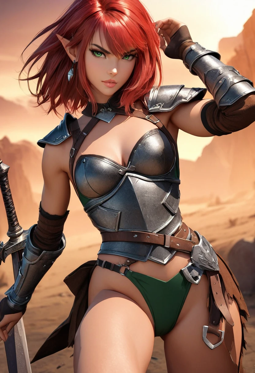 8K, (masterpiece, Best Quality)+ cowboy shot of a barbarian elf (Like the real thing)+ realistic skin, Looking at Viewer, Short hair, green mohawk hair, cleavage, Jewelry, small full breasts, Upper body, whole body, sword ,earrings, armor, Hair over one eye, Green eyes, short elf ears, shoulder armor, Realistic, at high resolution, Masterpiece, A hyper-realistic, Fantasy art, character art, cinestill 800, alluring glance, A sexy closeup, combat scene, action scene, action pose, dynamic pose, Rugged look, Glaring at the viewer, Athletic and muscular body, Split abs, long thin muscular legs, (ultra quality)++, (masterpiece)++, 1girl, barbarian elf, (Red, red hair)++, (Beautiful cute face)+, (beautiful female lips)+, Charming, (serious expression)++, looks at the camera with a gentle smile, eyes are slightly closed, (skin color white)+, Body glare, (detailed beautiful female eyes)++, (dark green eyes)++, (juicy female lips)+, (beautiful female hands)+, (perfect female hands)++, (perfect female figure)++, perfect female body, Beautiful waist, gorgeous big thighs, Beautiful little breasts, (Subtle and beautiful)++, seductively sits, (close up face)+, (Barbarian outfit, Barbarian armor, Viking Weapons)++, background: Beautiful sunset, (Depth of field)++, (high quality clear image)++, (crisp details)+, (highly detailed)++, Realistic, Professional Photo Session, (Clear Focus)++, the anime! girl! in the middle of a red and white movie!! in a dark studio, complex artistic color ink pen illustration, subtle detailing, masterfully illustrated by Artgerm and Range Murata. 3D render, digital, game art