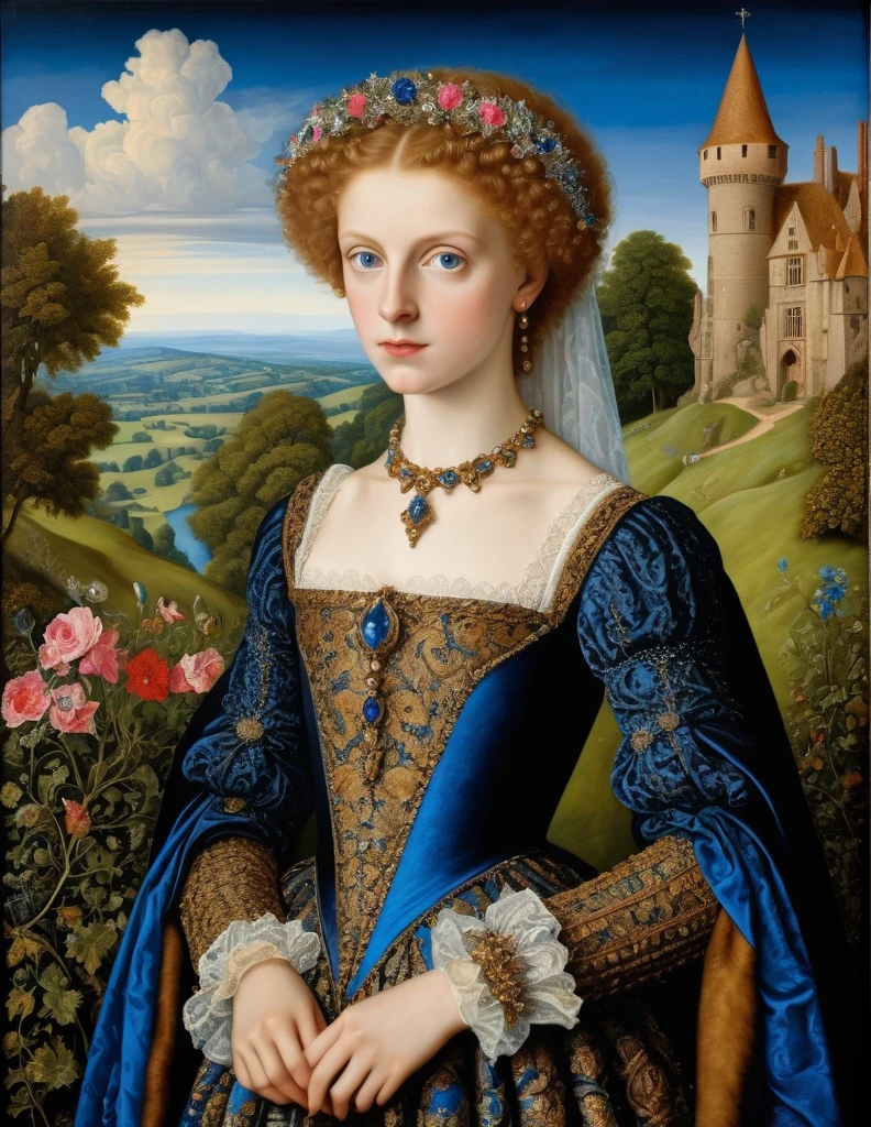 a photorealistic  picture of  beautiful Imaginary [Queen:Maude Adams:0.1] of Ancient Medieval era, Nicholas Hilliard dan Isaac Oliver oil on canvas painting style, insanely detailed and intricate Medieval Scene Background, hyper maximalist