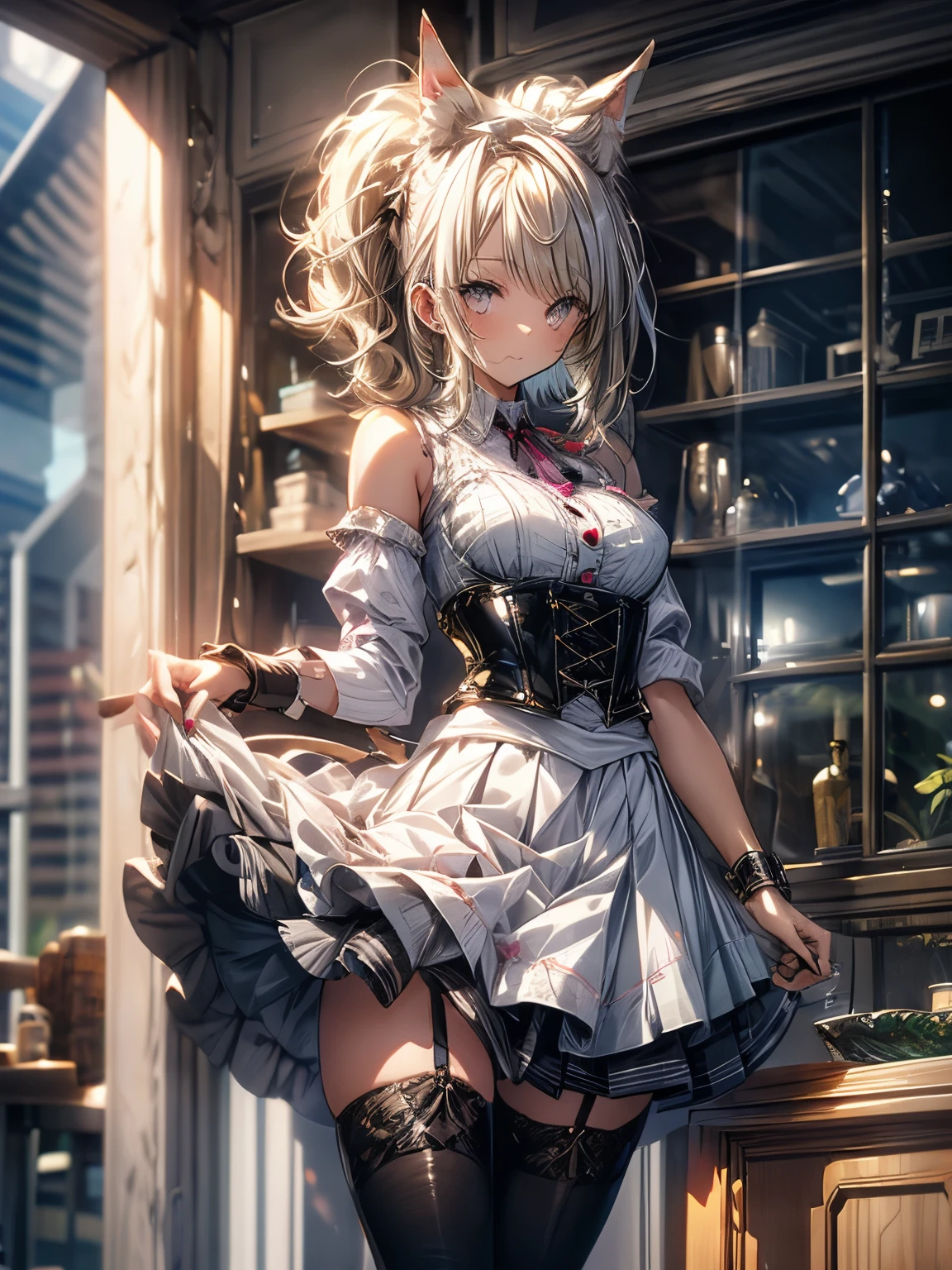 girl, Gray-haired, Short-haired, Yellow-eyed, Small breasts, Cat hair accessories, Side Lock, Gray-haired, Shiny Hair, uniform, (Golden Eyes: 1.2), (Skirt has two long triangular extensions, abdominal vest corset), White buttons on the best corset, (A short-sleeved striped shirt under a vest corset), (The cuffs are close to the arms), (Thick black ribbon around neck), ( short magenta skirt),