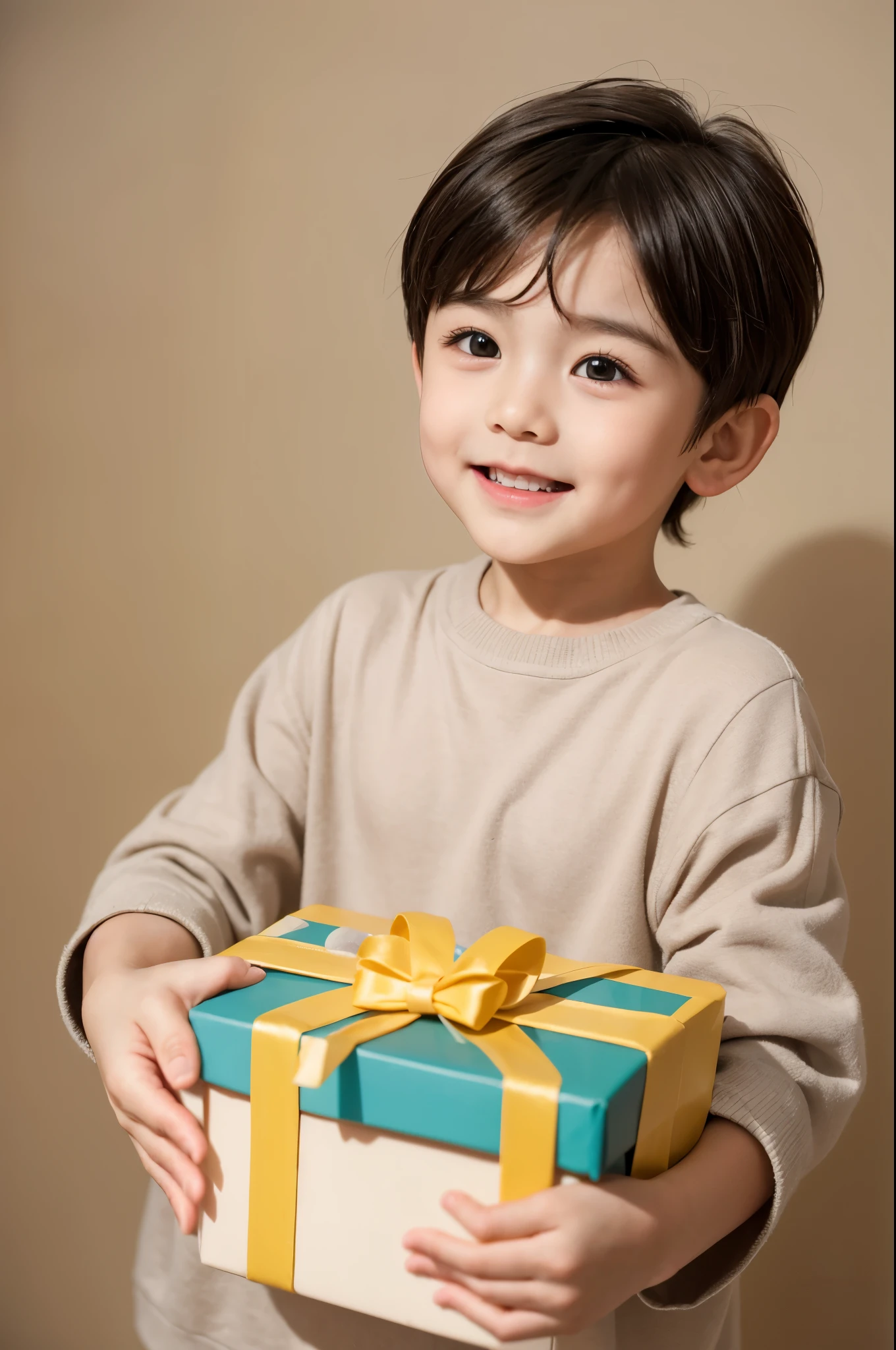 欧洲little boy,European,,Boys aged 4-5,short hair,Brown hair,Realistic,Arms open holding a gift box,Bright light,Simple background