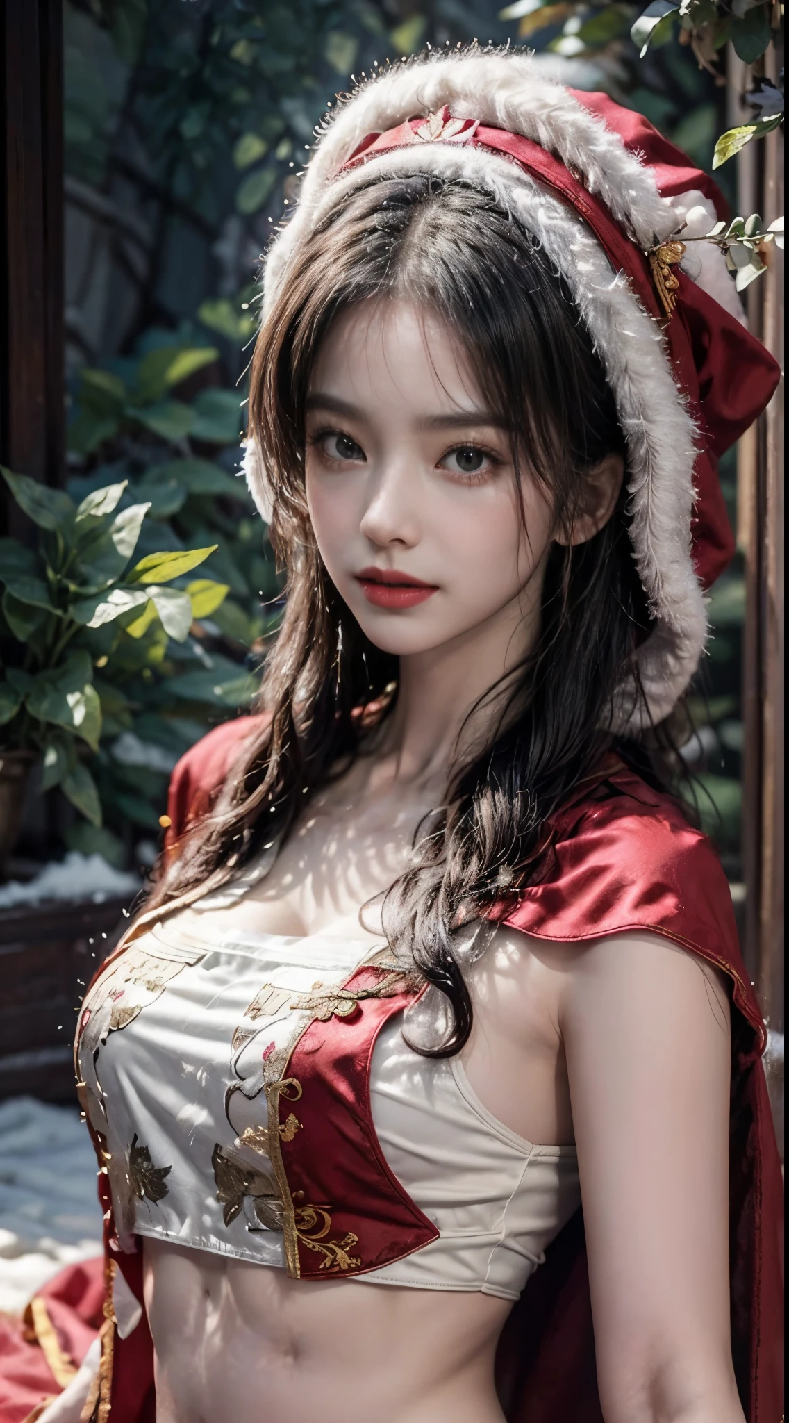 (Masterpiece), (absurderes), (The lens focuses on the thigh), Shiny skin, Girl, Solo, pupils sparkling, long eyelasher, Closed mouth, Long hair, Striped hair, Wavy hair, (Chinese belly pocket:1.27),(Red plush cloak:1.2)，view the viewer, (Cover with snow，the night，Bright old temple:1.3), Cinematic lighting，(Ultra-realistic textile textures)，,an award winning photograph, Extremely detailed, Amazing, finedetail, (Extremely detailed eyes:1.125) and face,  Kodak Porter 400 camera F1.6， Rich colors of the lens ，hyper realistic lifelike texture ，unreal-engine ，ArtStation Cinestill 800 tungsten lamp trend, Beautiful woman, Ulzzang-6500, (seductive grin smile),