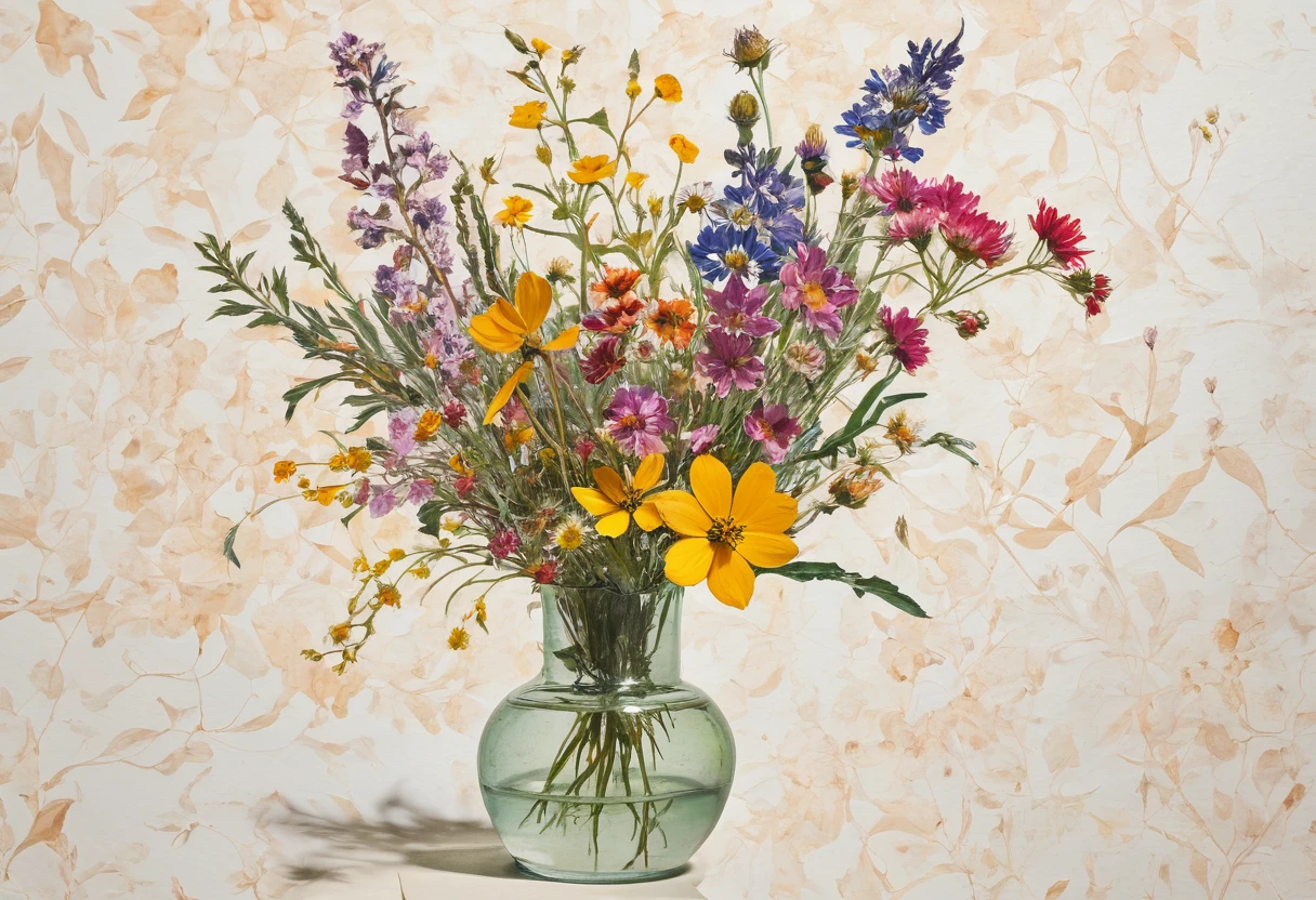 There is a vase with many flowers in it, Ultra-fine paintings by Rainer Maria Ratzke, Trending on pexels, Analytical Arts, Delicate garden on paper, Made from wildflowers, Floral skin, floral motif, on a herbarium paper, floral wallpaper, Made of colorful dried flowers, herbarium paper
