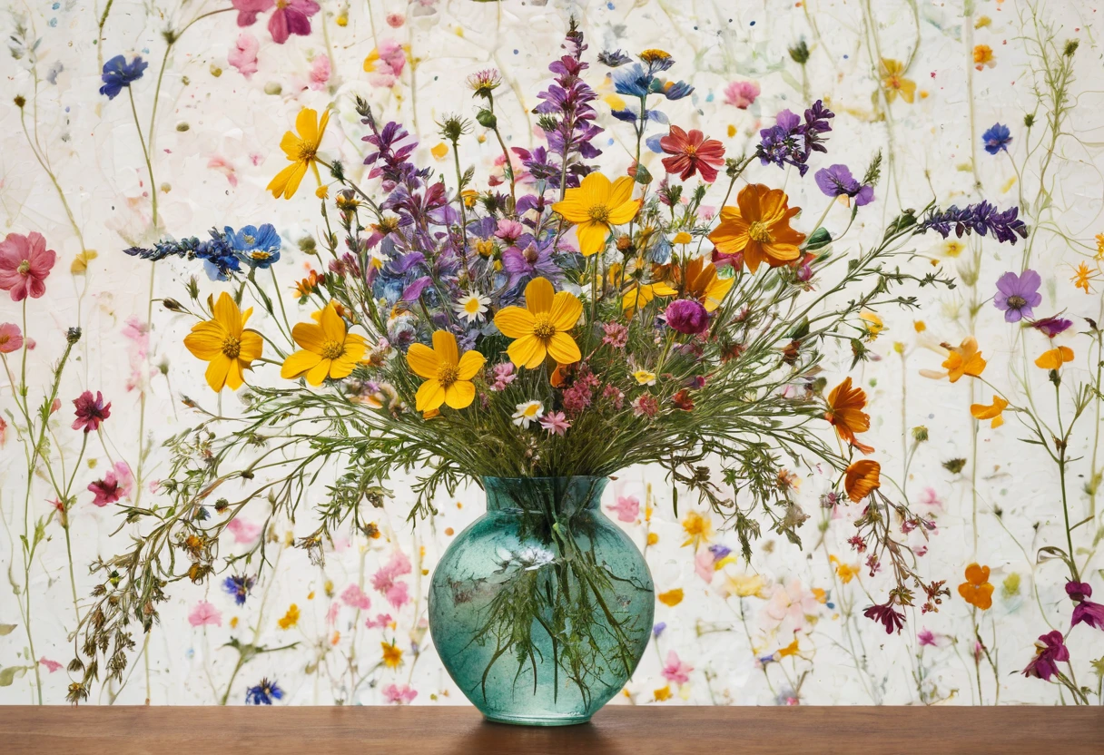 There is a vase with many flowers in it, Ultra-fine paintings by Rainer Maria Ratzke, Trending on pexels, Analytical Arts, Delicate garden on paper, Made from wildflowers, Floral skin, floral motif, on a herbarium paper, floral wallpaper, Made of colorful dried flowers, herbarium paper
